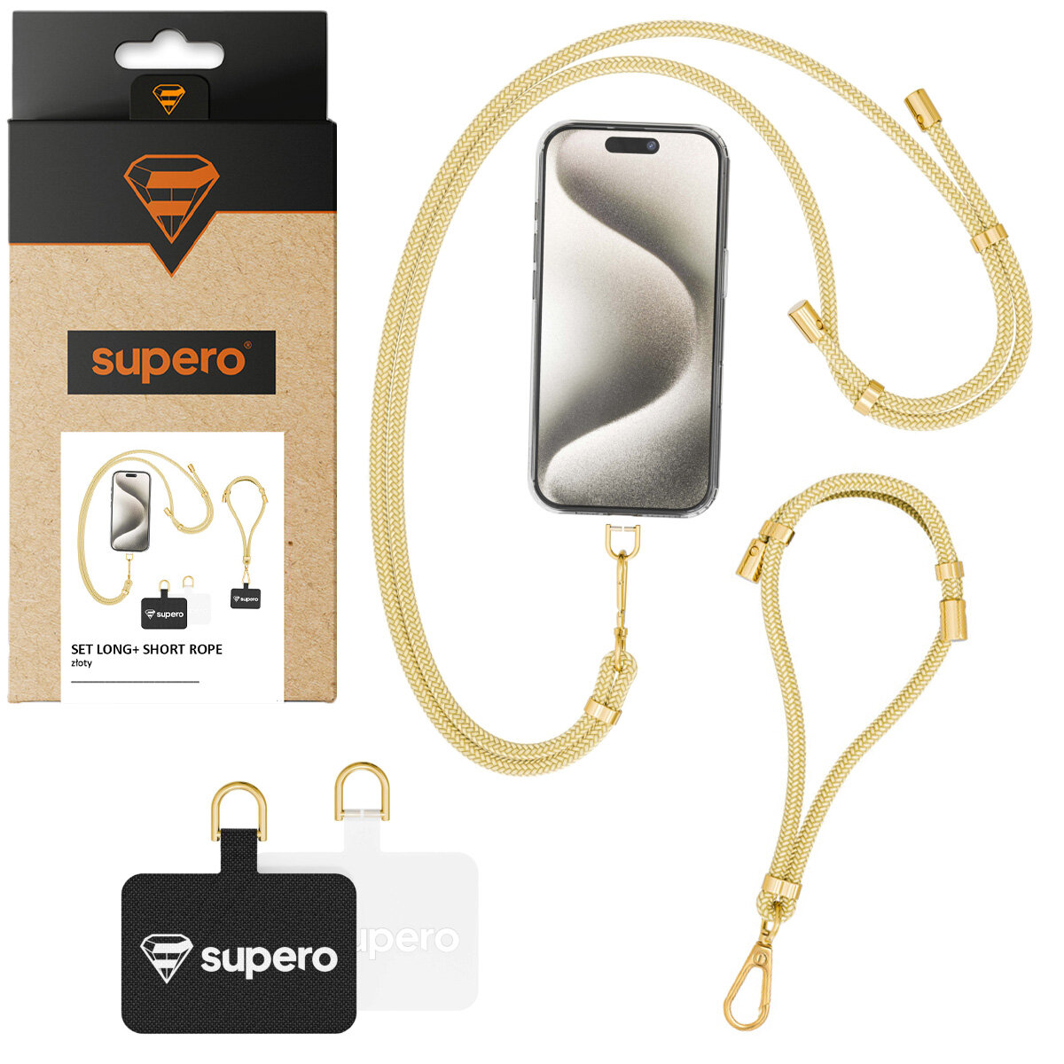 Na obrazie widoczny jest zestaw składający się z dwóch smyczy w kolorze złotym, telefonu oraz dwóch adapterów. Opakowanie produktu ma logo \'supero\' i napis \'SET LONG+ SHORT ROPE\'.