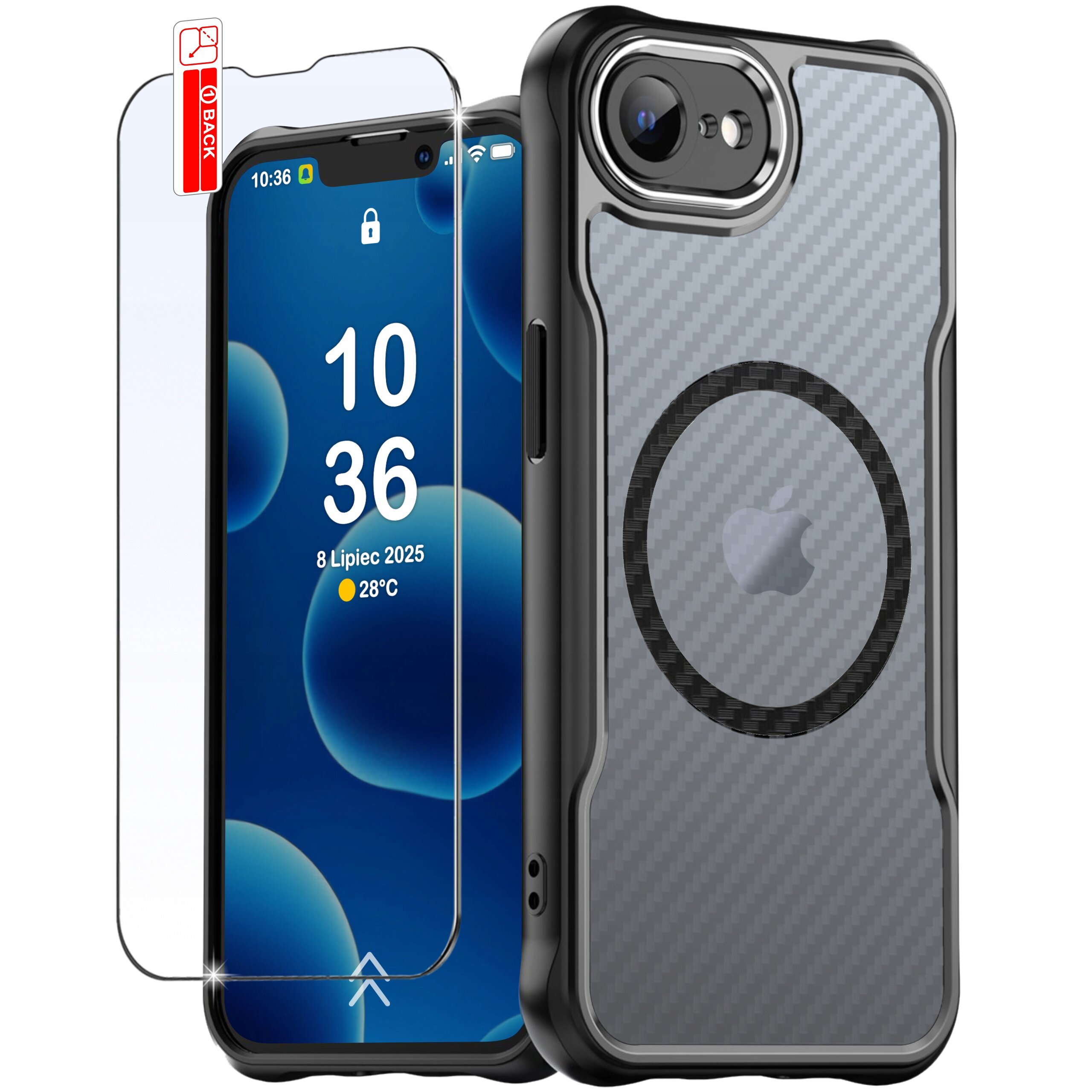 Obraz przedstawia czarne, matowe, pancerne etui z okrągłym wzorem na tylnej części, przeznaczone do iPhone\'a. Obok etui znajduje się szkło ochronne, a na ekranie telefonu widoczna jest godzina 10:36 oraz data 8 Lipiec 2025, z temperaturą 28°C.