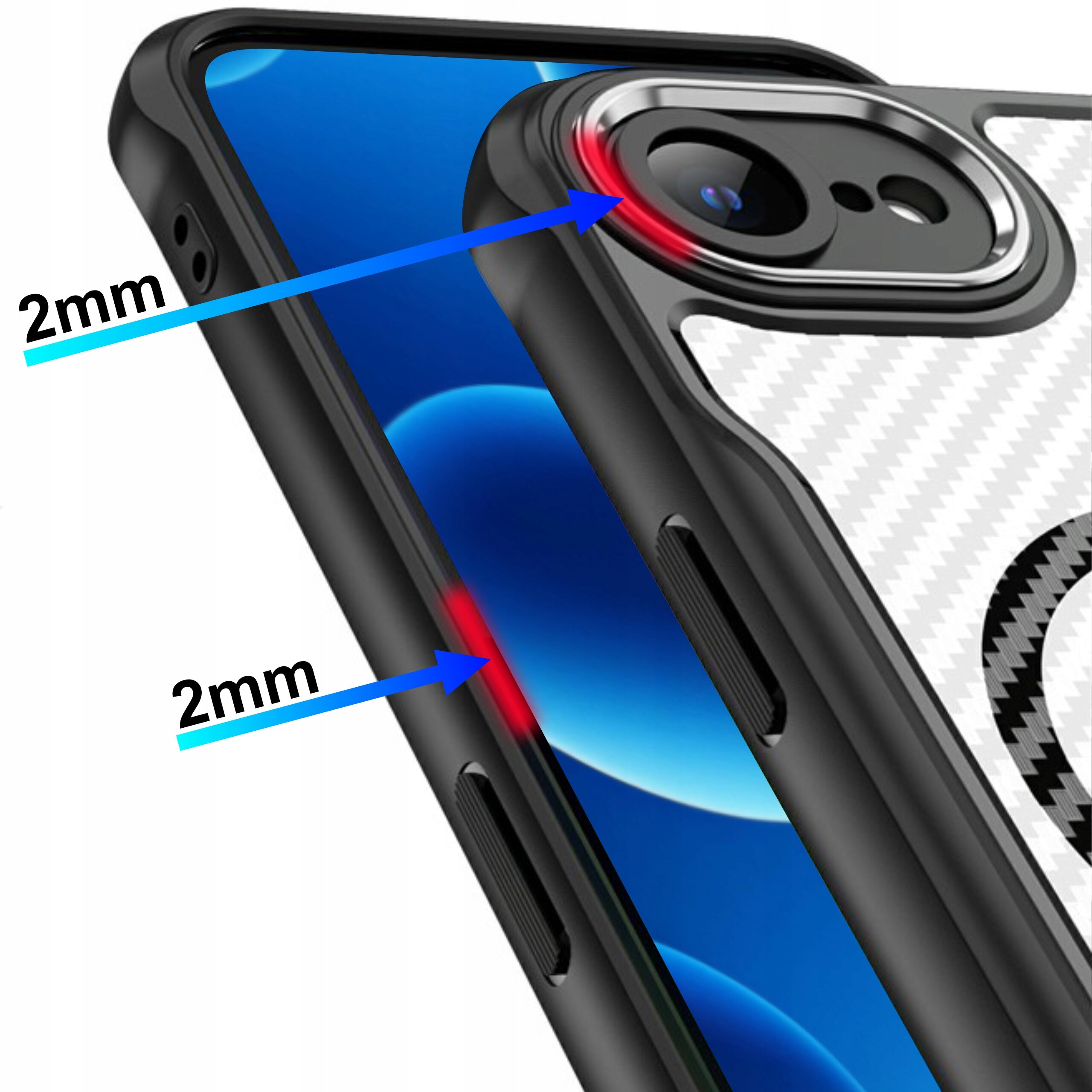Obraz przedstawia czarne, matowe etui pancerne z wzmocnieniami, przeznaczone do iPhone\'a, z widocznymi oznaczeniami \'2mm\' przy krawędziach. Etui posiada wycięcia na przyciski i aparat, a jego powierzchnia ma wzór przypominający włókno węglowe.