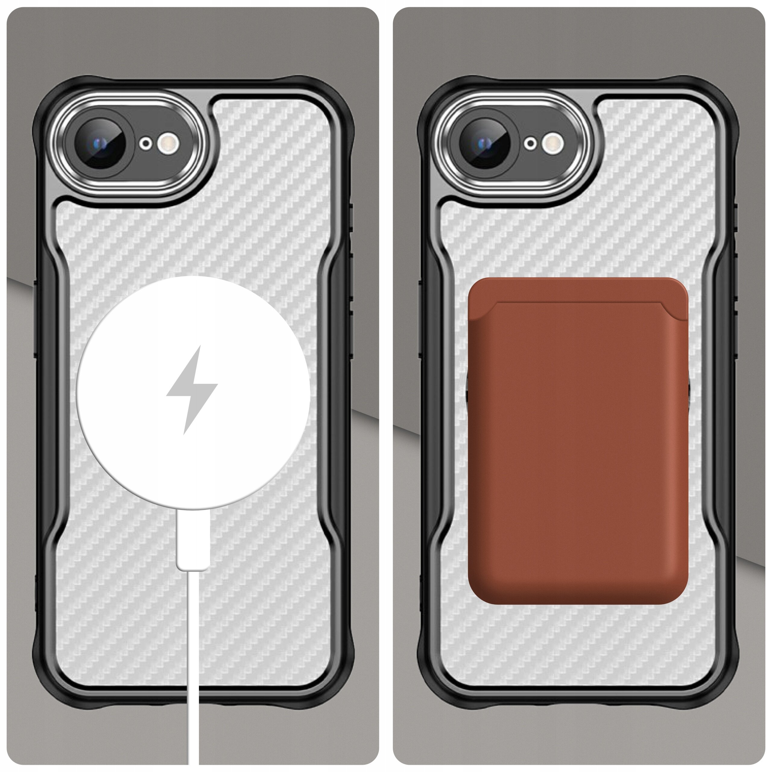 Obraz przedstawia dwa etui na telefon z widocznym wzorem przypominającym włókno węglowe. Na jednym etui znajduje się biały symbol błyskawicy, a na drugim brązowy prostokątny element.