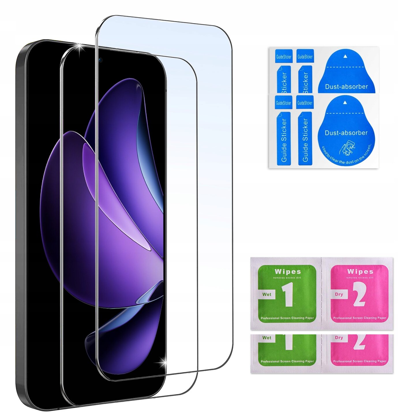 Na obrazie widoczne są dwa szkła ochronne na ekran telefonu oraz zestaw naklejek i ściereczek do czyszczenia. Naklejki mają napisy \'Guide Sticker\' i \'Dust-absorber\', a ściereczki oznaczone są jako \'Wet 1\' i \'Dry 2\'.
