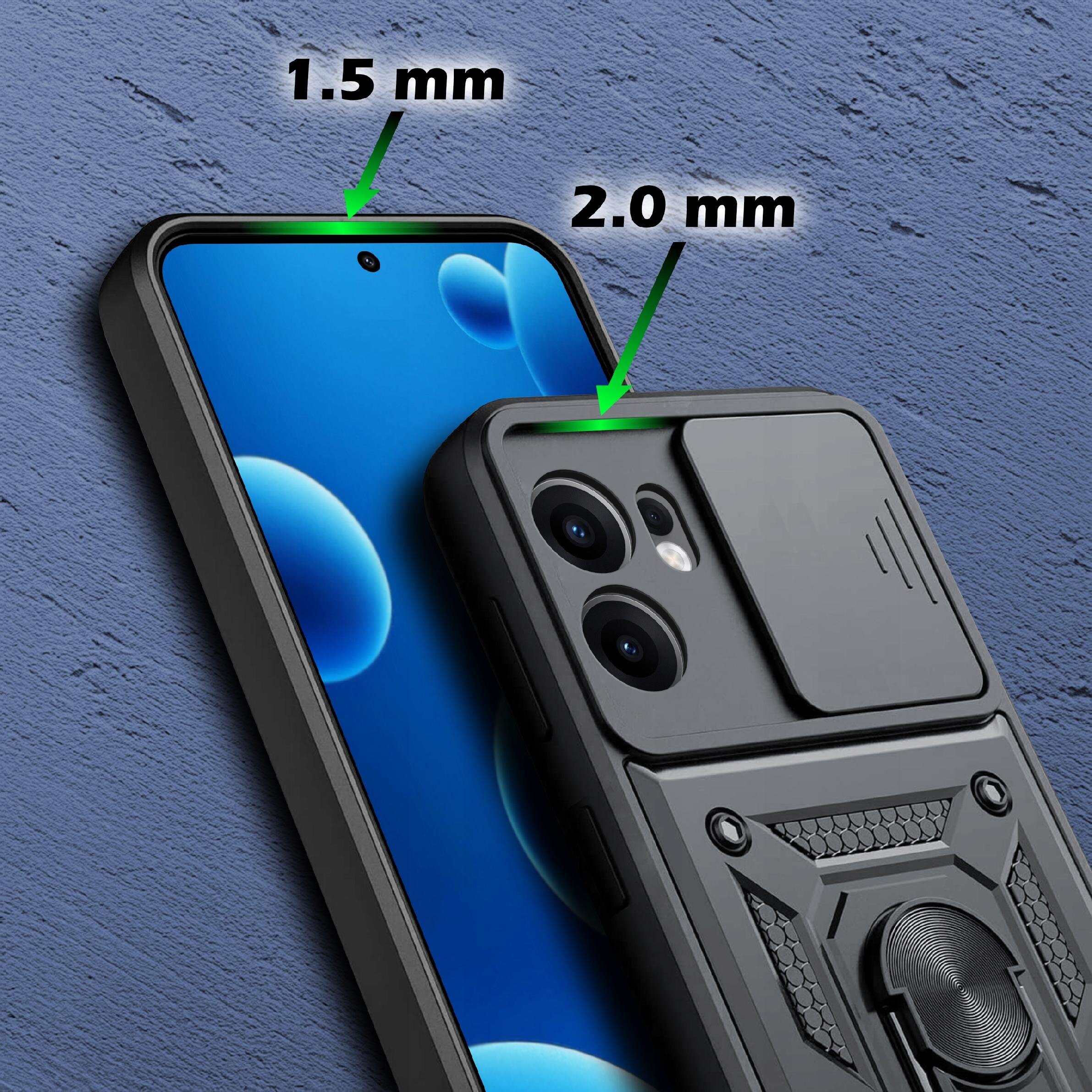 Obraz przedstawia czarne etui pancerne na telefon z widocznymi wymiarami 1.5 mm i 2.0 mm. Etui posiada wzmacniane narożniki i przesuwane osłony na aparaty.