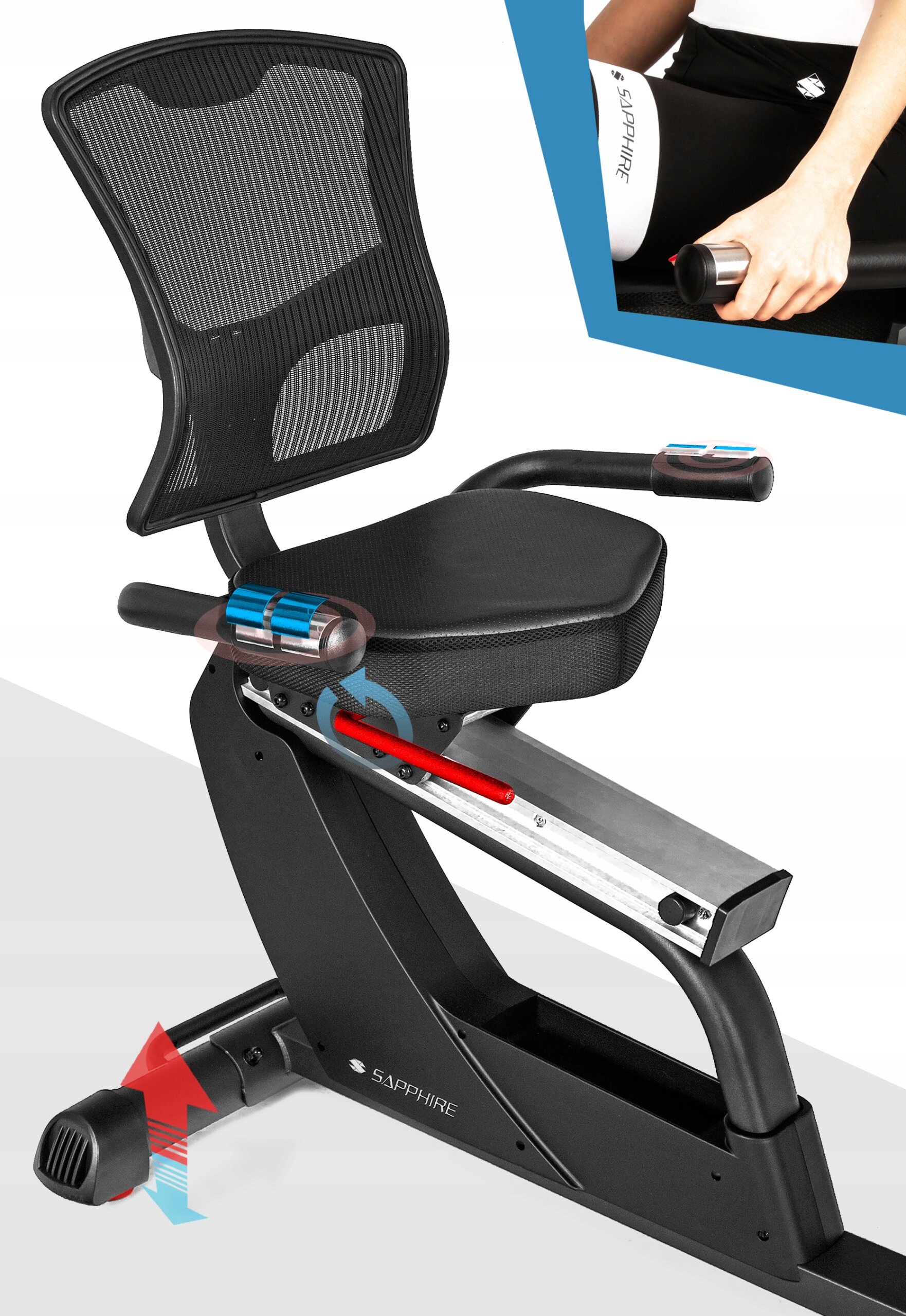 Na obrazie widoczny jest czarny rower treningowy stacjonarny z siatkowym oparciem i regulowanym siedziskiem. Na ramie znajduje się logo \'SAPPHIRE\'.