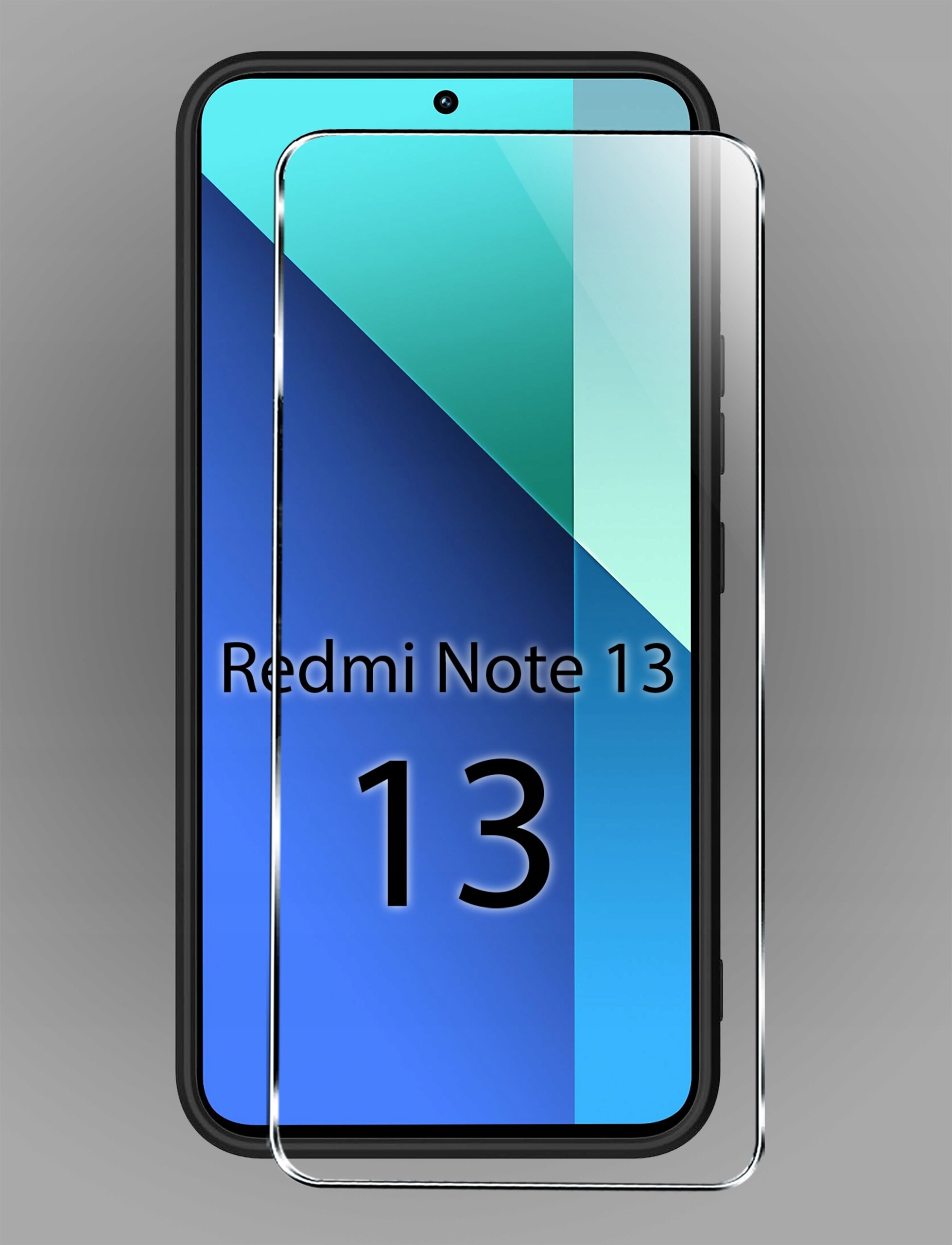 Obraz przedstawia telefon z napisem \'Redmi Note 13\' na ekranie oraz przezroczystą osłonę ochronną nałożoną na wyświetlacz. Tło jest szare, a ekran telefonu ma gradientowe odcienie niebieskiego i zielonego.
