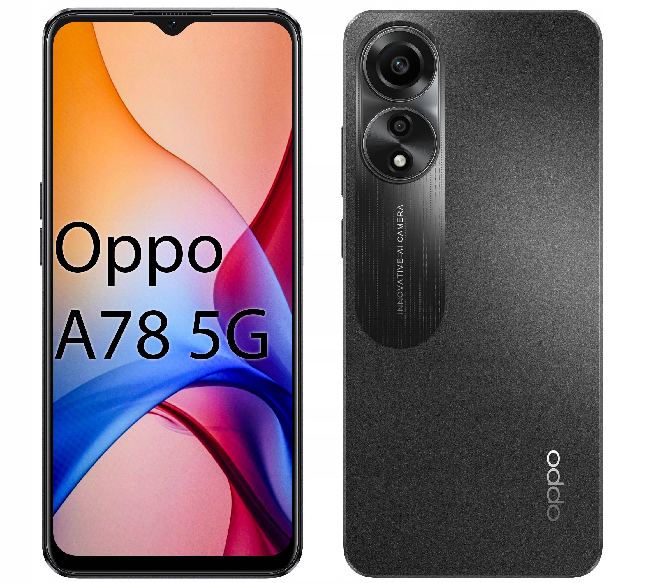 Obraz przedstawia dwa widoki smartfona Oppo A78 5G: z przodu z wyświetlaczem pokazującym gradientowe tło i tekst \'Oppo A78 5G\', oraz z tyłu z dwoma aparatami i napisem \'INNOVATIVE AI CAMERA\'.