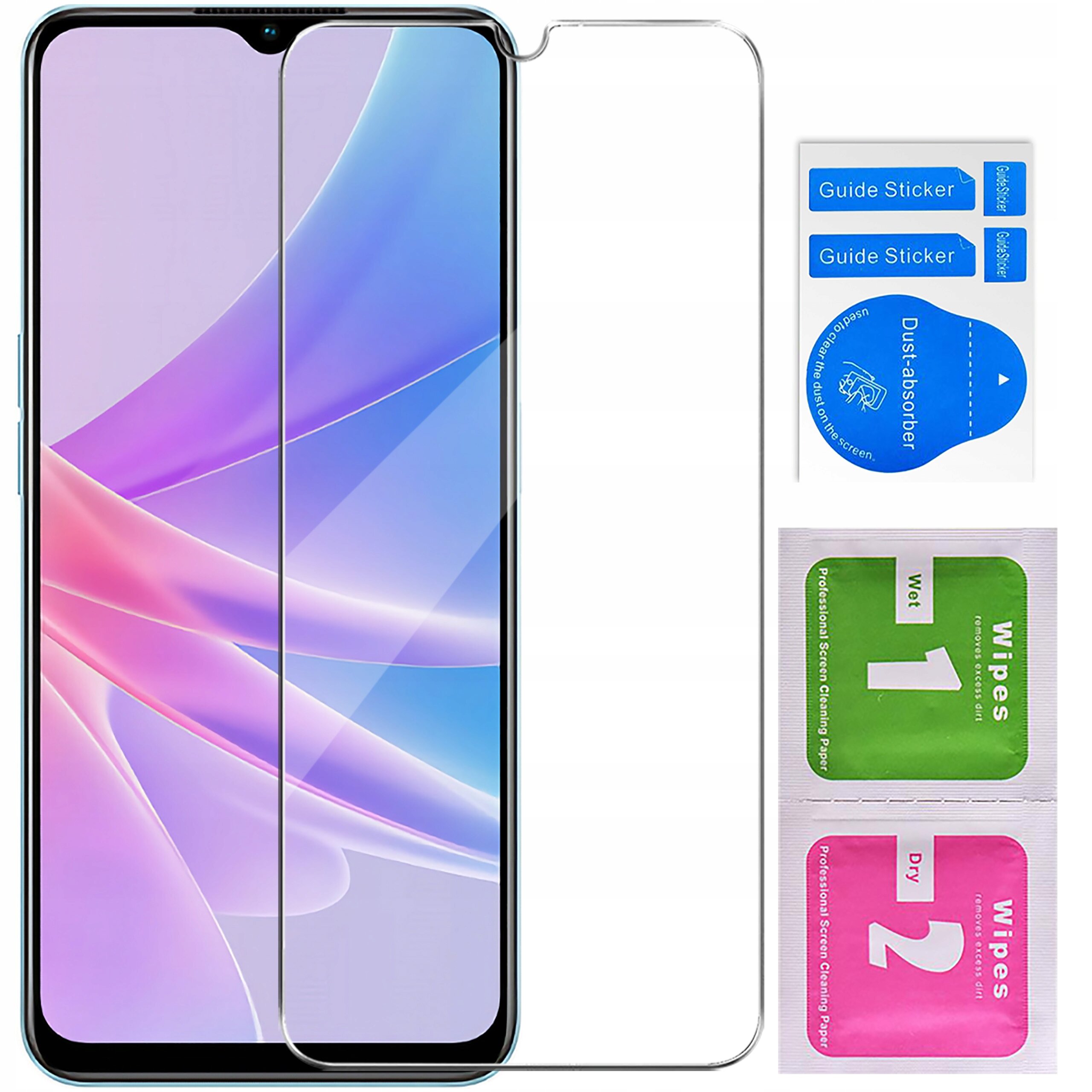 Obraz przedstawia telefon z nałożonym szkłem ochronnym oraz zestaw akcesoriów do montażu, w tym naklejki \'Guide Sticker\', \'Dust-absorber\' oraz chusteczki \'Wet 1\' i \'Dry 2\'.