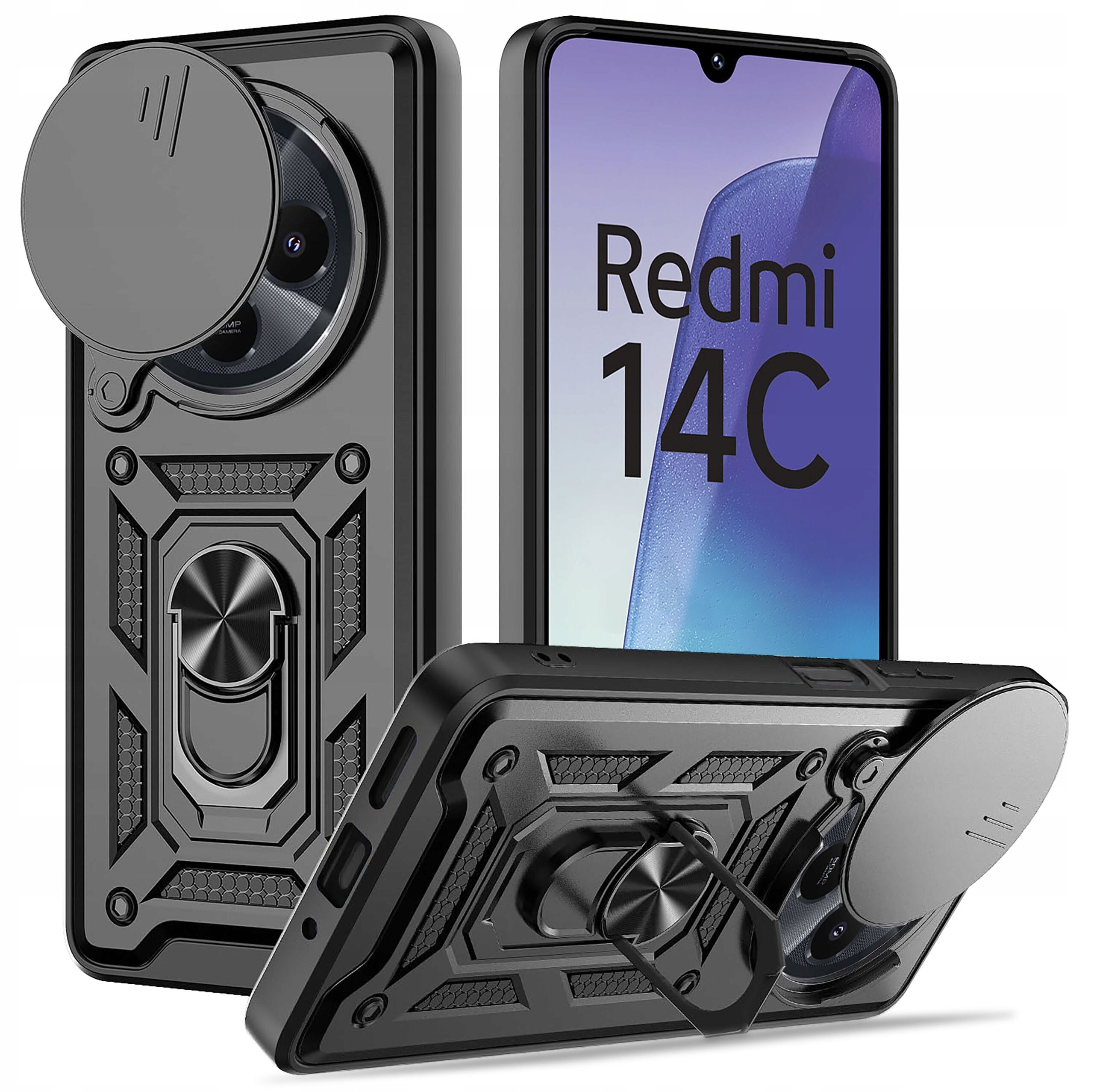 Obraz przedstawia pancerne etui na telefon z pierścieniem i szkłem ochronnym, przeznaczone dla modelu Xiaomi Redmi 14C. Na ekranie telefonu widoczny jest napis \'Redmi 14C\'.