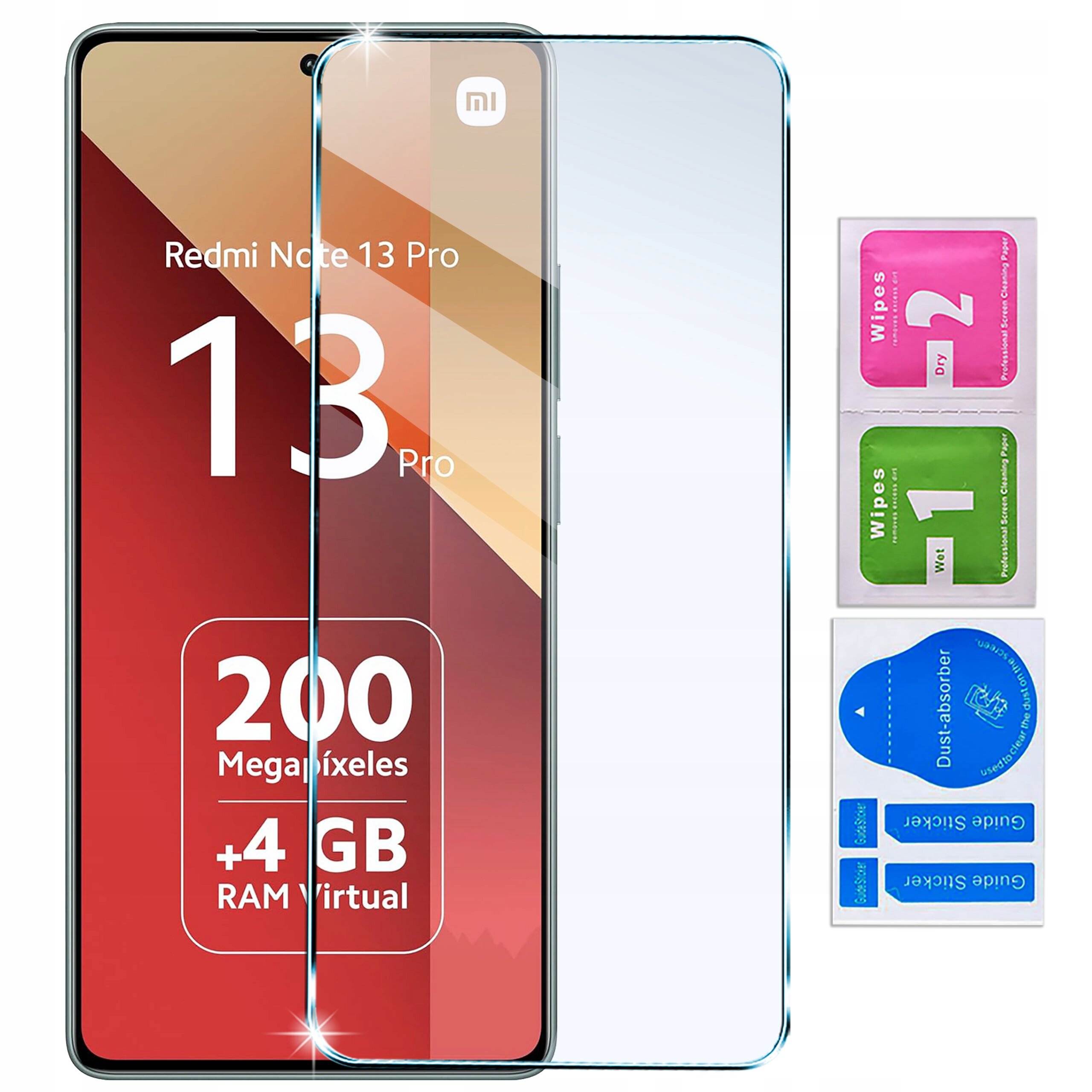 Na zdjęciu widoczny jest telefon z napisem \'Redmi Note 13 Pro\', \'200 Megapixeles\', \'+4 GB RAM Virtual\' oraz zestaw akcesoriów do czyszczenia ekranu z oznaczeniami \'Wipes 1 Wet\', \'Wipes 2 Dry\', \'Dust absorber\' i \'Guide sticker\'.