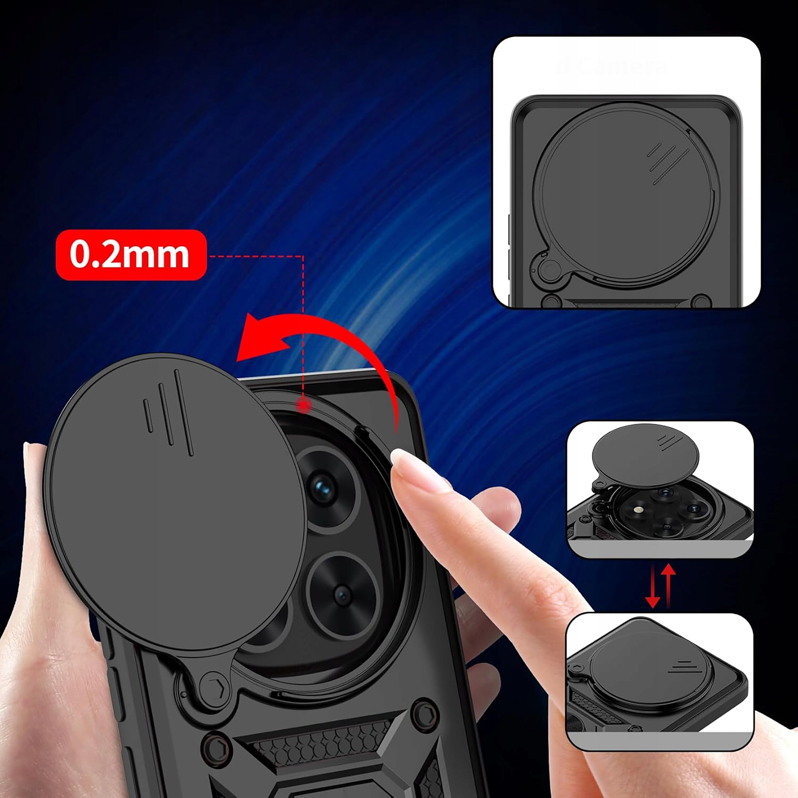 Na zdjęciu widoczne jest pancerne etui do telefonu z funkcją ochrony aparatu, z napisem \'0.2mm\' oraz strzałką wskazującą ruch obrotowy. Tło jest ciemnoniebieskie z efektem gradientu.