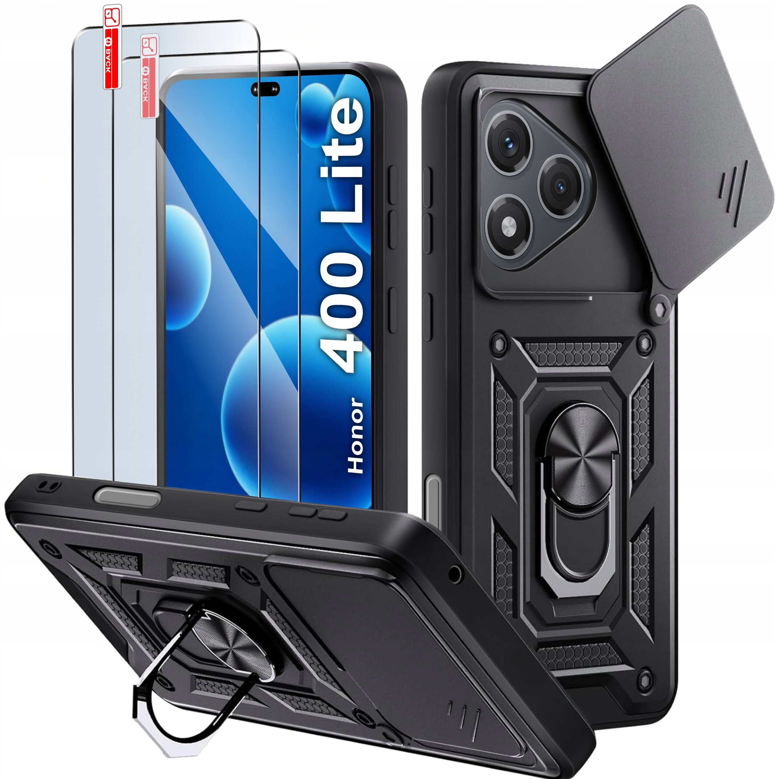 Obraz przedstawia czarne, pancerne etui do telefonu Honor 400 Lite z wzmocnieniami i uchwytem. Obok etui znajdują się dwa szkła ochronne na ekran.