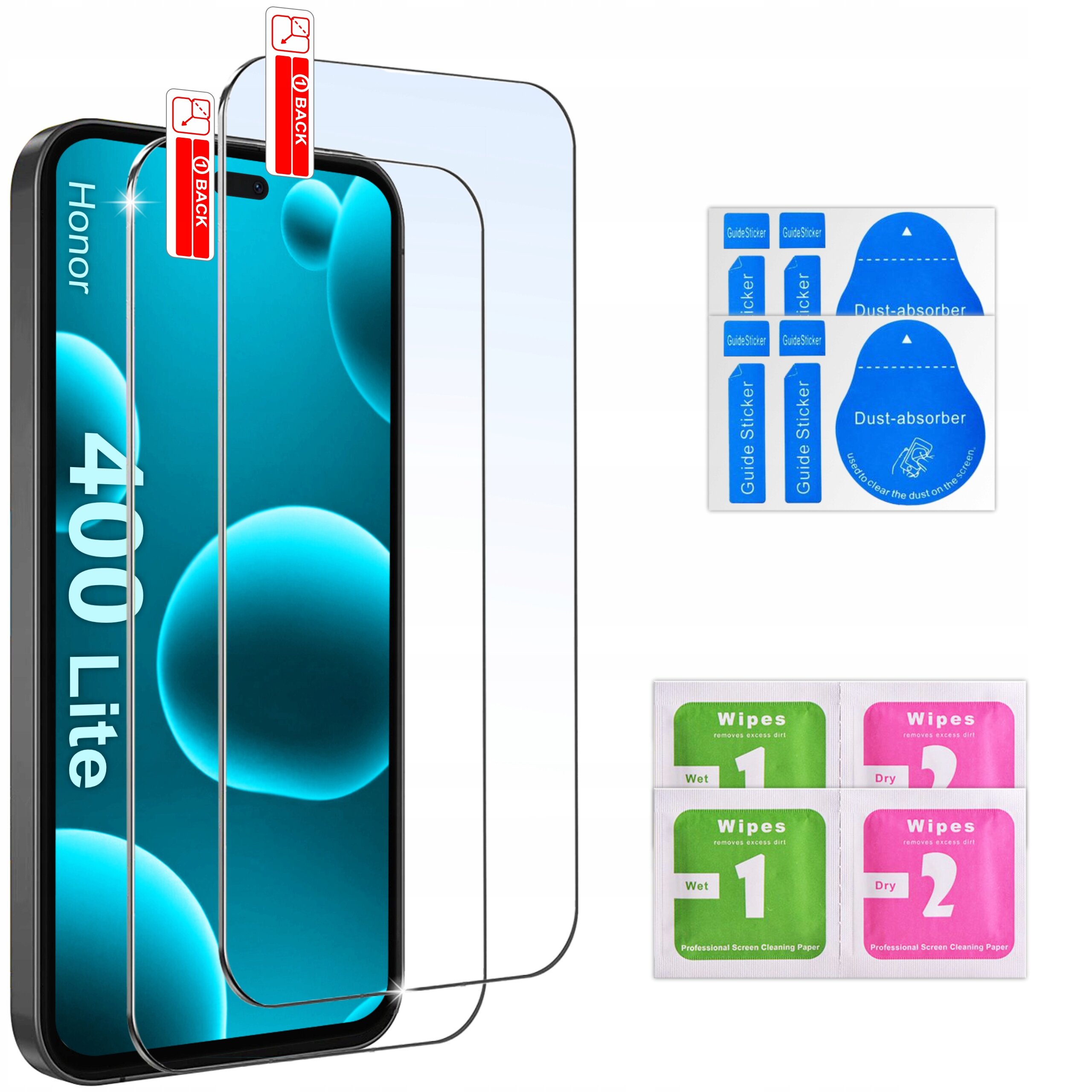 Na obrazie widoczny jest telefon z napisem \'Honor 400 Lite\' oraz dwa szkła ochronne. Obok znajdują się naklejki \'Guide Sticker\', \'Dust-absorber\' i zestaw chusteczek \'Wipes\' do czyszczenia ekranu.