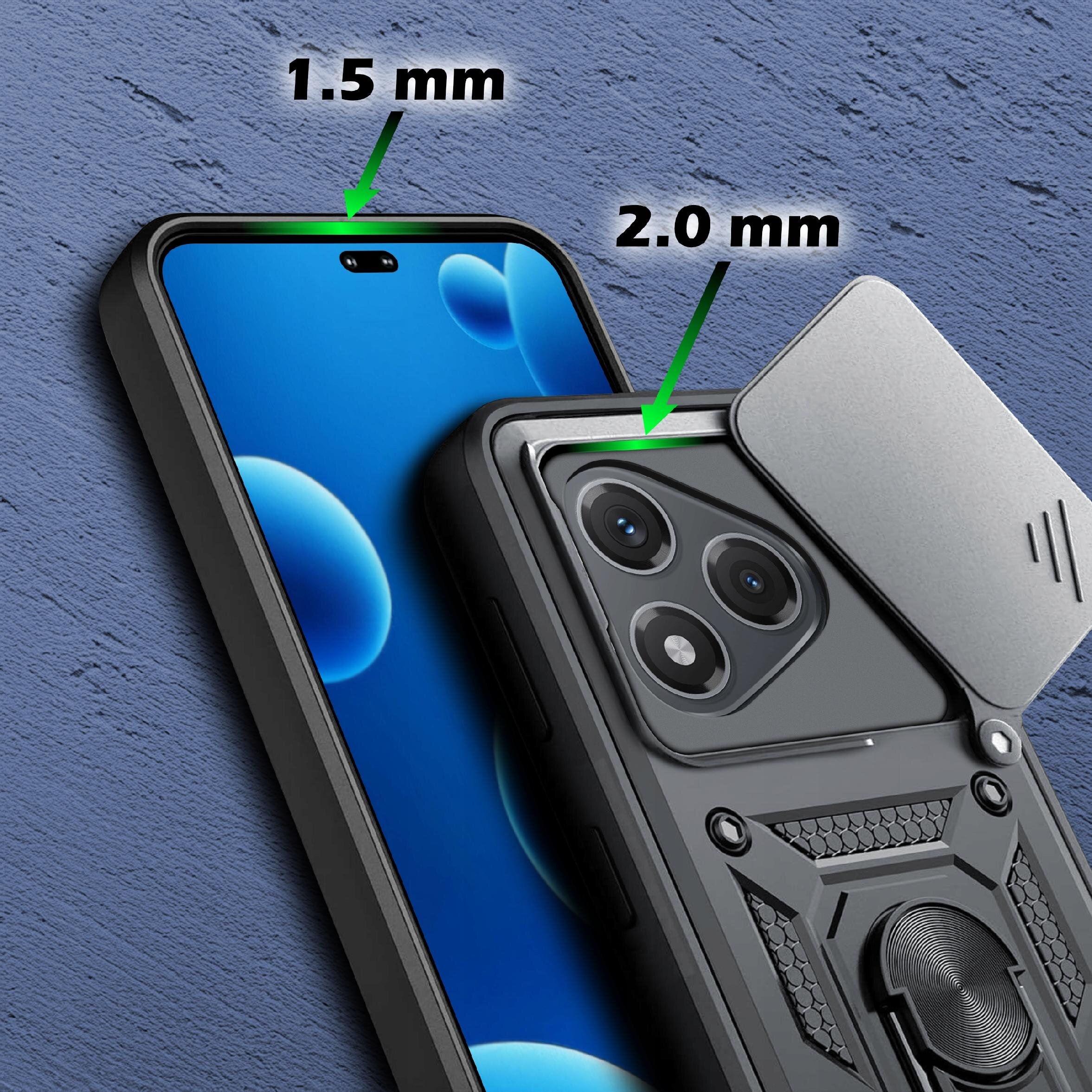 Obraz przedstawia czarne pancerne etui na telefon z wysuwaną osłoną na aparat. Widoczne są oznaczenia grubości 1.5 mm i 2.0 mm przy ekranie i aparacie.