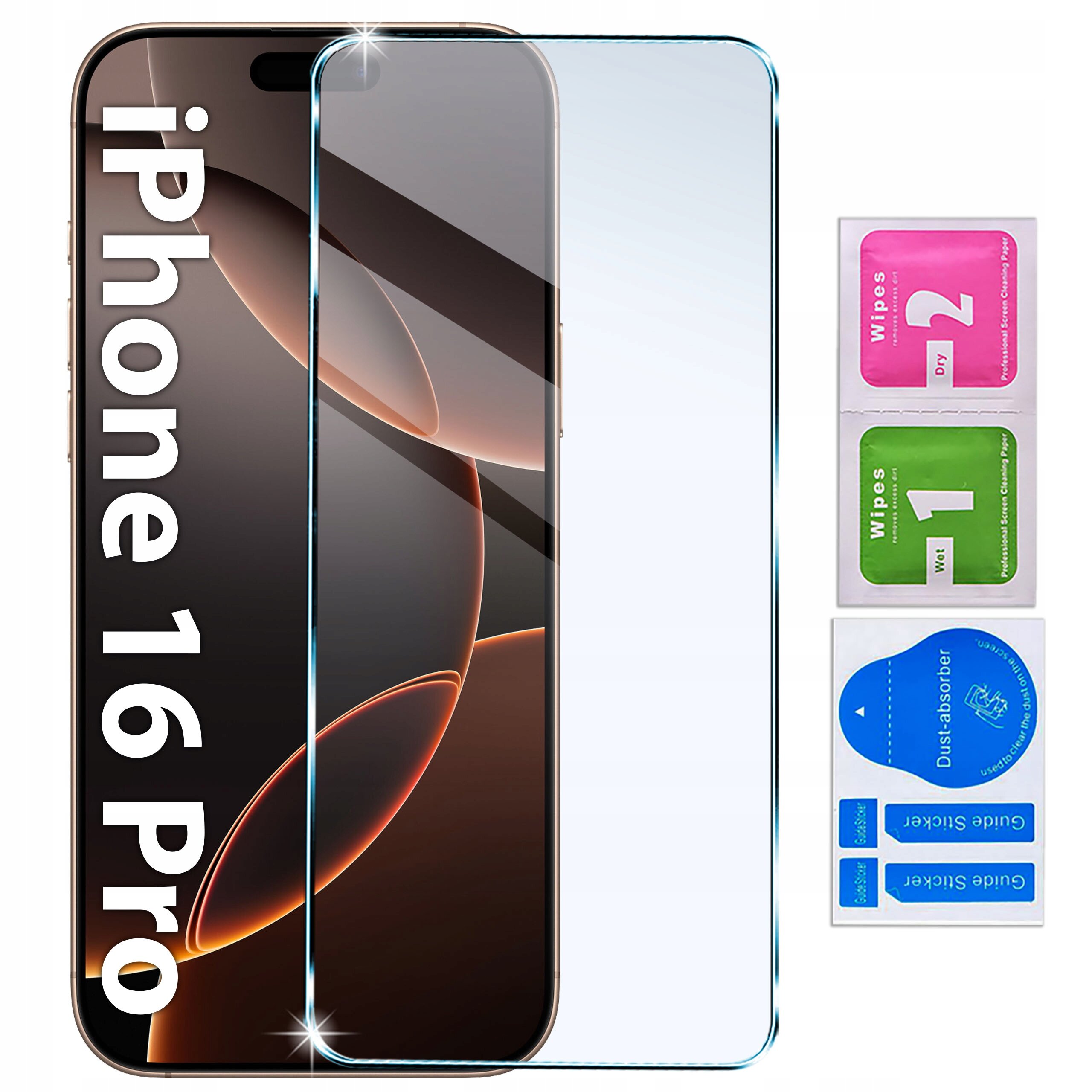 Zdjęcie przedstawia etui do iPhone 16 Pro z matowym, magnetycznym wykończeniem oraz szkłem ochronnym 9H. Obok znajdują się trzy saszetki z napisami: \'Wipes 2 Dry\', \'Wipes 1 Wet\' oraz \'Dust absorber\'.