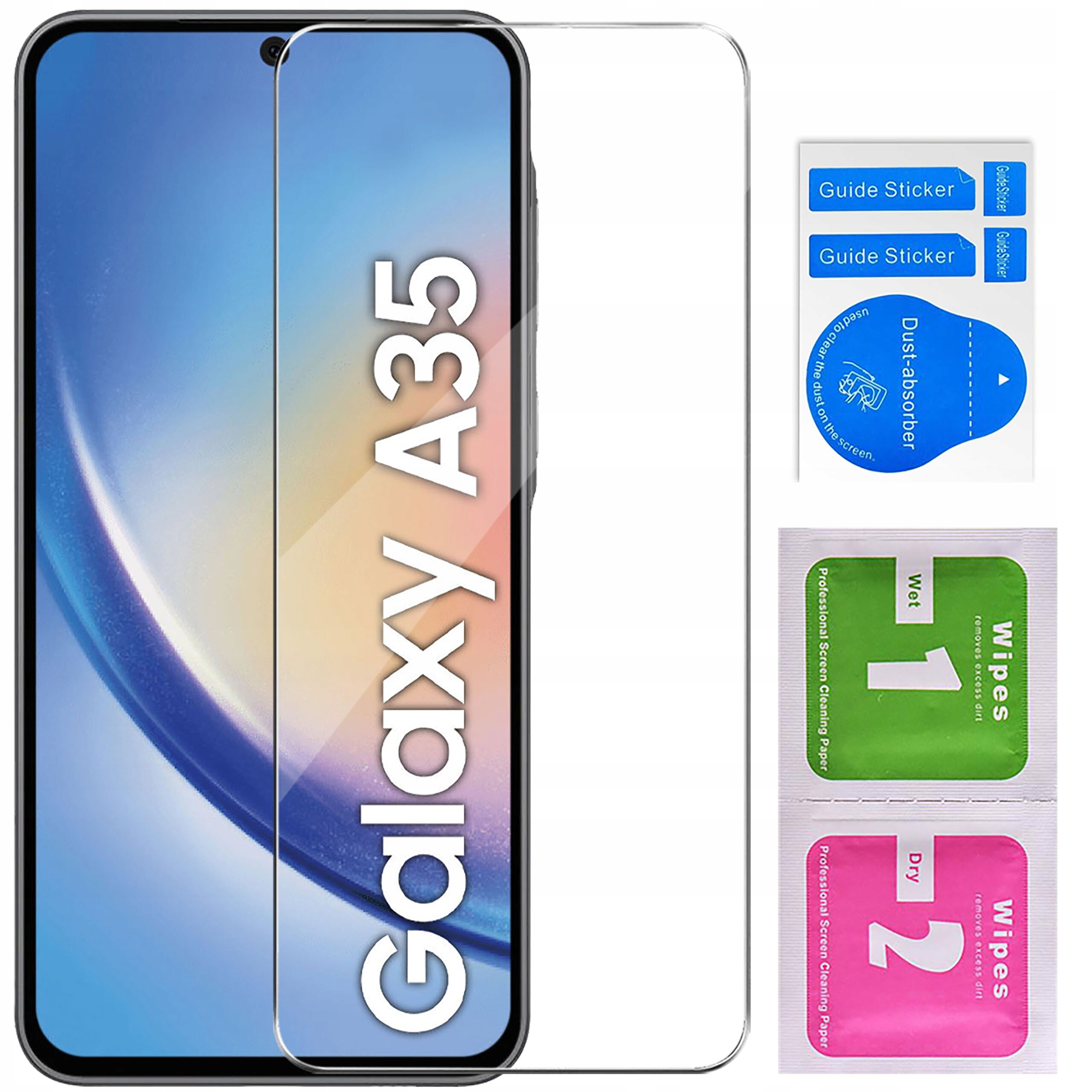 Na obrazie widoczny jest telefon z napisem \'Galaxy A35\' oraz zestaw akcesoriów do montażu szkła ochronnego, w tym naklejki \'Guide Sticker\', \'Dust-absorber\' i chusteczki \'Wet 1\' oraz \'Dry 2\'.