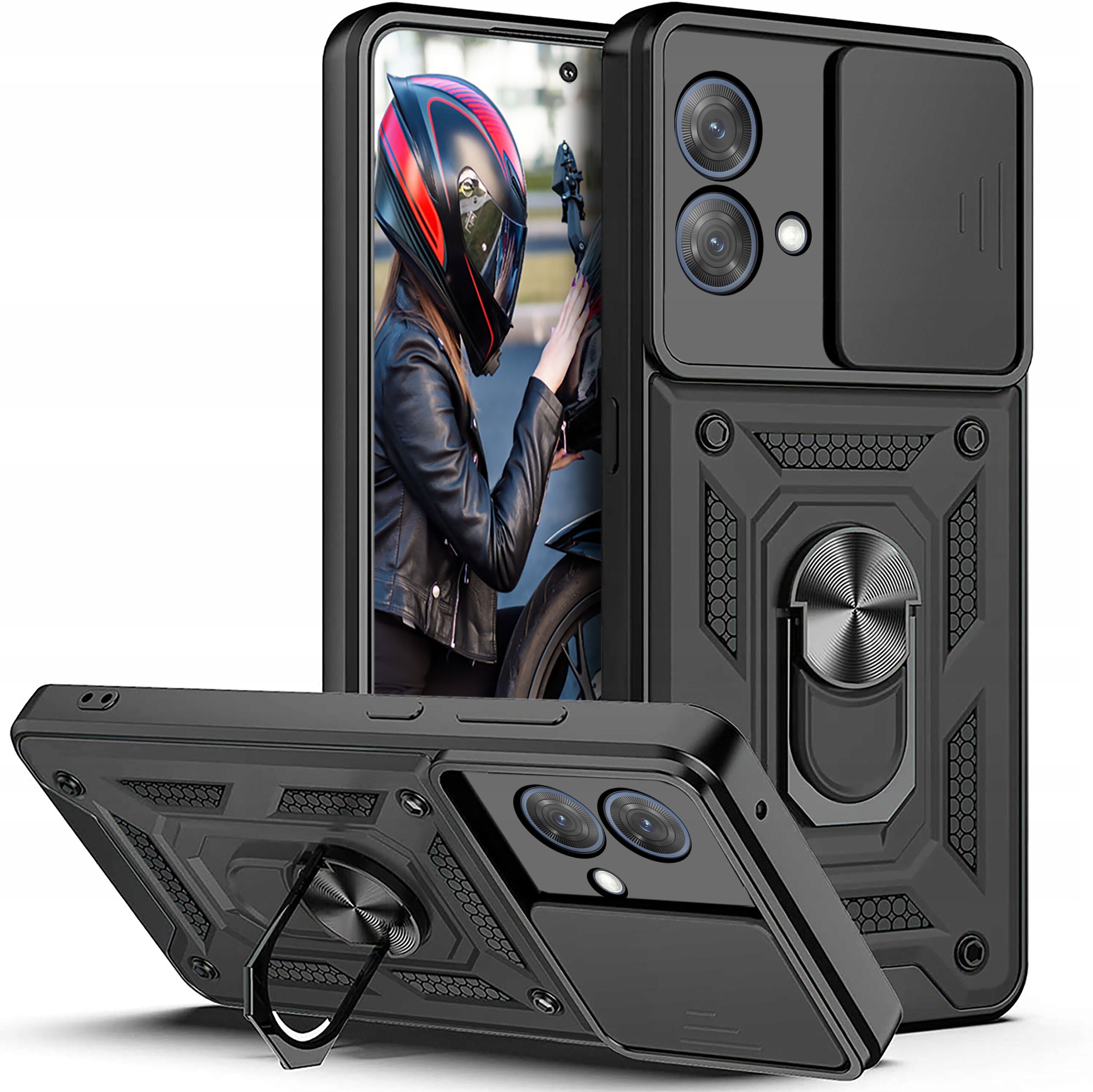 Obraz przedstawia pancerne etui na telefon z wbudowanym pierścieniem do trzymania oraz szkłem ochronnym. Na ekranie telefonu widoczna jest osoba w kasku motocyklowym.