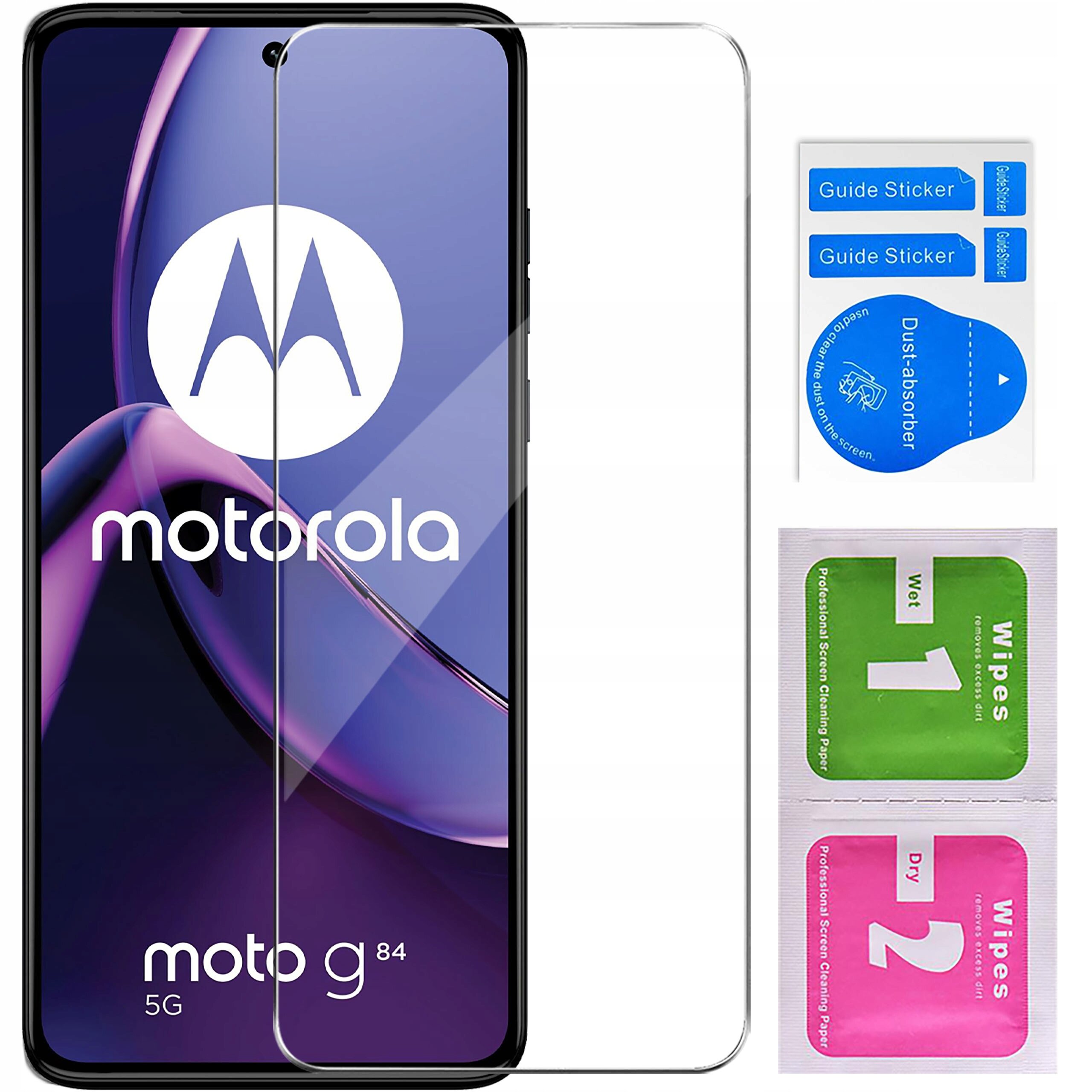 Zdjęcie przedstawia etui do telefonu Motorola Moto G84 5G z pancerną obudową Slide Ring Case oraz szkłem ochronnym 9H. Obok znajdują się naklejki \'Guide Sticker\', \'Dust-absorber\' oraz chusteczki \'Wet 1\' i \'Dry 2\'.