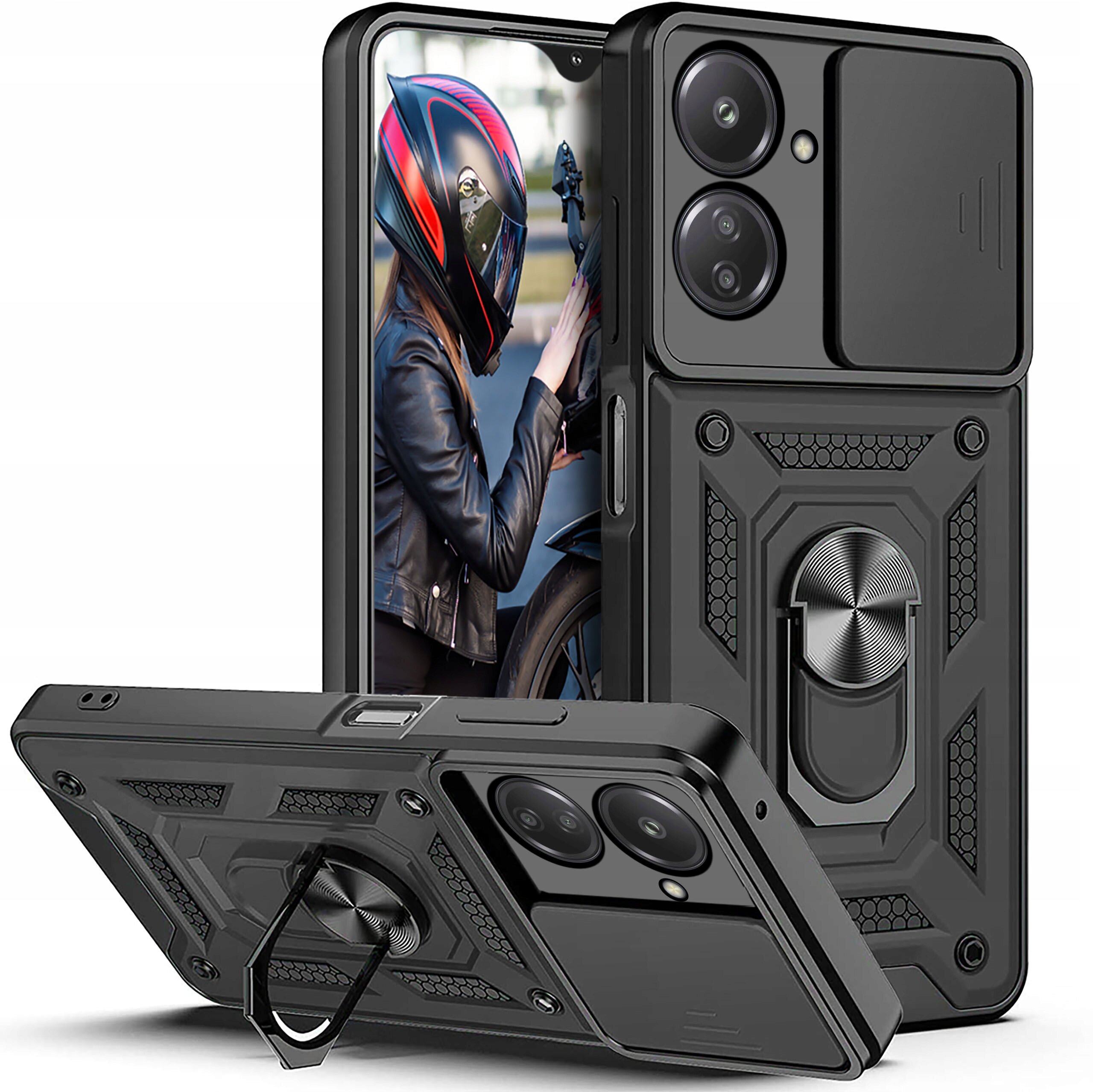 Obraz przedstawia pancerne etui na telefon z wbudowanym pierścieniem i teksturą przypominającą plastry miodu. Na ekranie telefonu widoczna jest osoba w kasku motocyklowym.