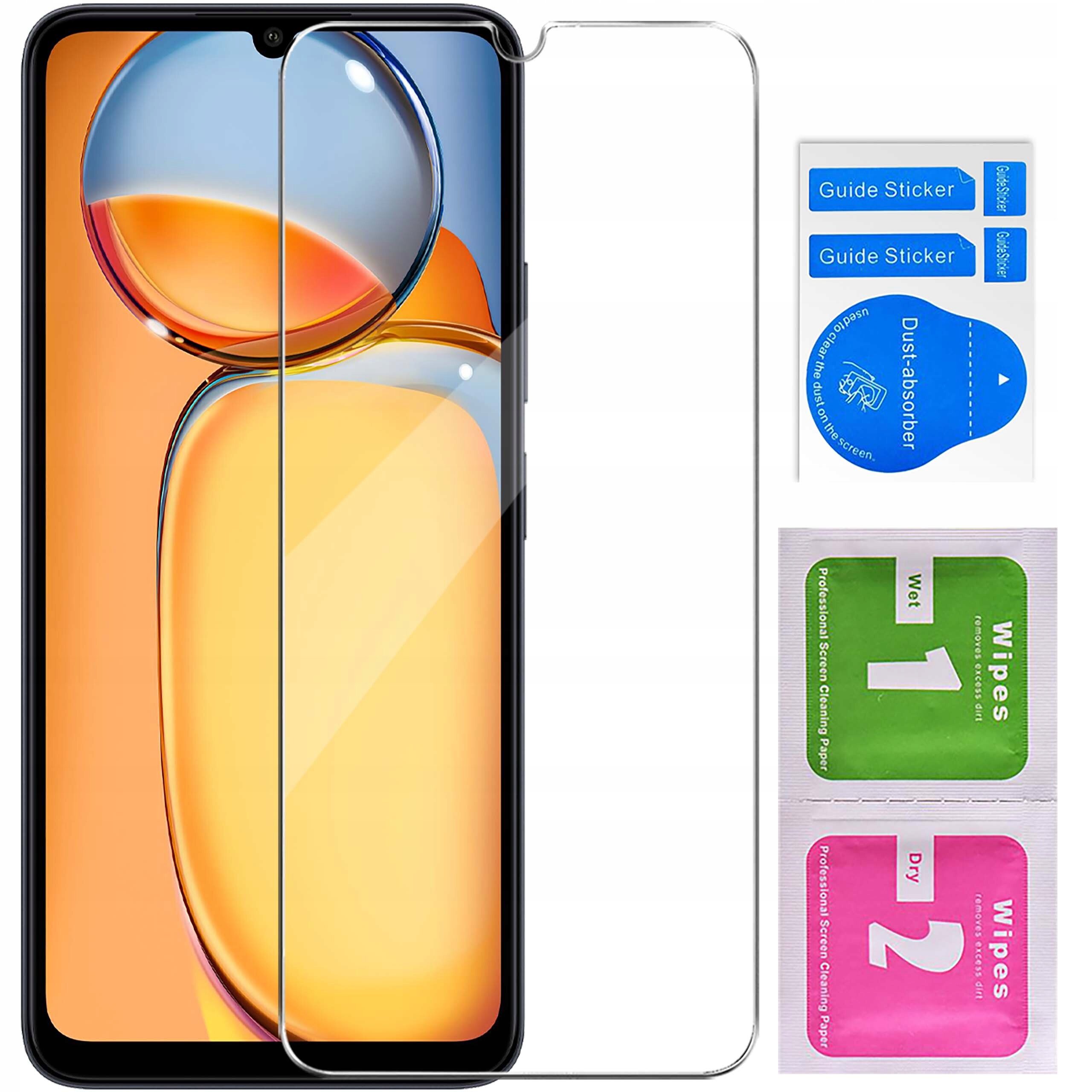 Na zdjęciu znajduje się telefon z nałożonym szkłem ochronnym oraz zestaw akcesoriów do montażu, w tym naklejki \'Guide Sticker\', \'Dust-absorber\' oraz chusteczki \'Wet 1\' i \'Dry 2\'.