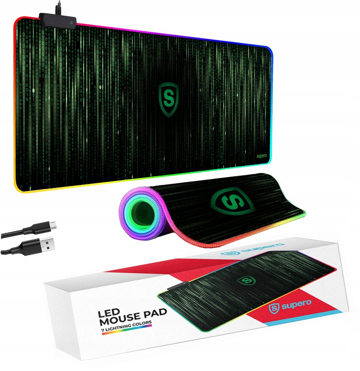 Podkładka gamingowa pod myszkę z podświetleniem LED, z widocznym logo \'supero\' i wzorem przypominającym kod komputerowy. W zestawie znajduje się kabel USB oraz opakowanie z napisem \'LED MOUSE PAD 7 LIGHTNING COLORS\'.
