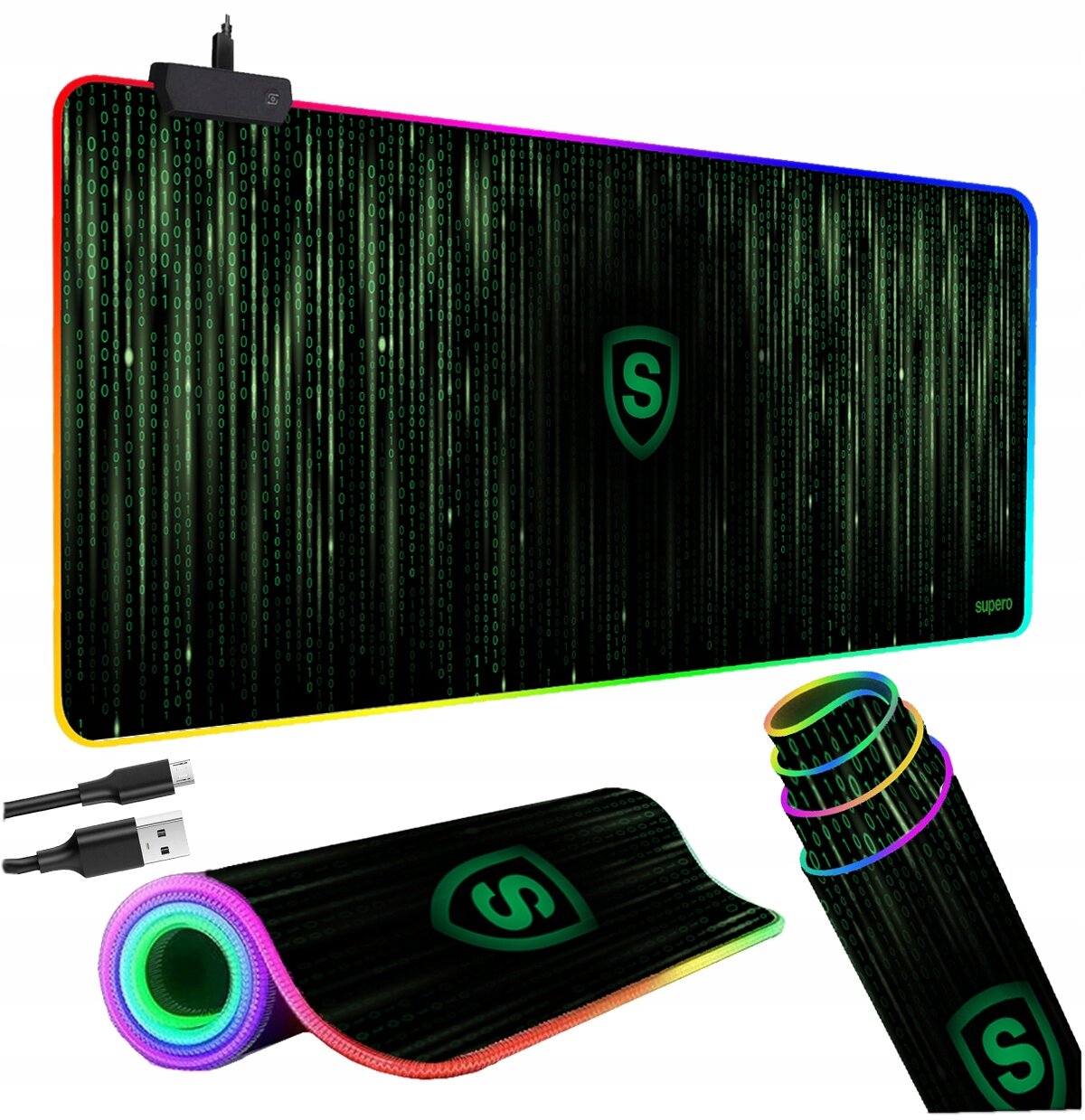 Podkładka gamingowa pod myszkę z podświetleniem LED RGB, z wzorem przypominającym kod komputerowy i logo w kształcie tarczy z literą \'S\'. W zestawie widoczny jest kabel USB do podłączenia.