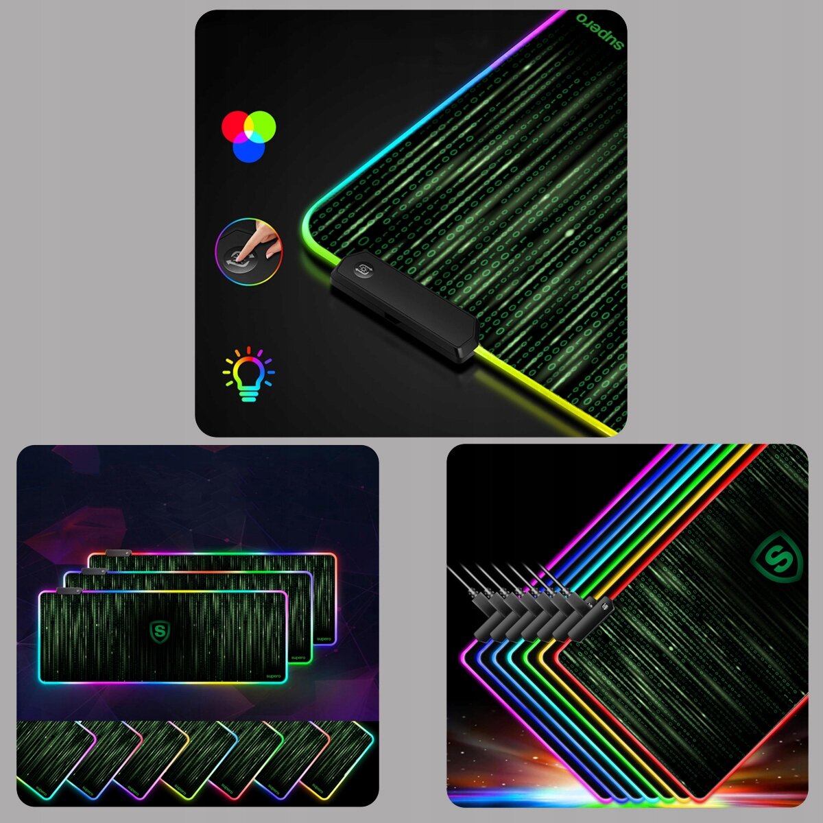 Obraz przedstawia podkładkę gamingową z podświetleniem LED w kolorach RGB, z widocznym wzorem przypominającym kod komputerowy. Na podkładce znajduje się logo \'Supero\'.