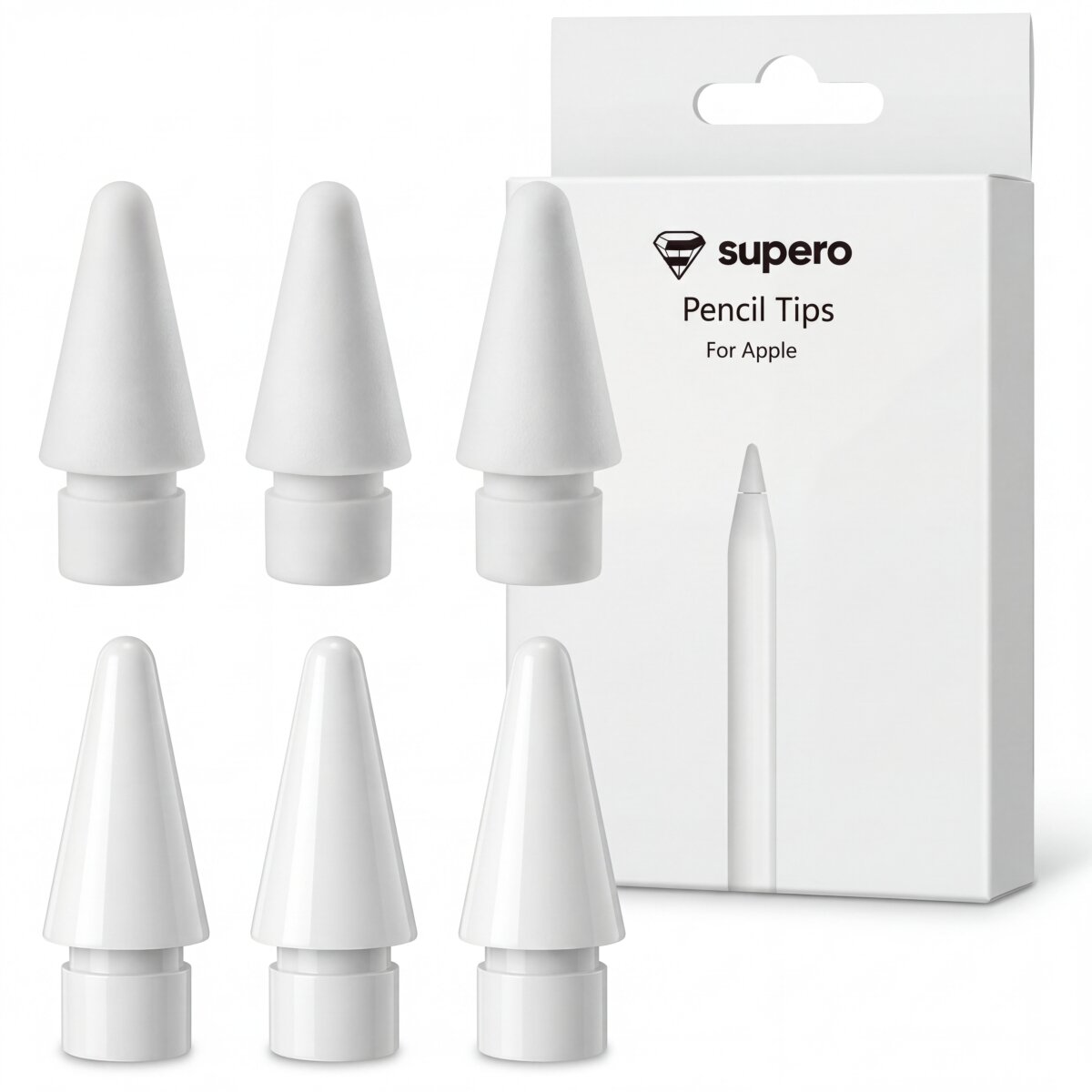 Na obrazie widoczne są białe końcówki do rysika w ilości sześciu sztuk oraz opakowanie z napisem \'supero Pencil Tips For Apple\'.