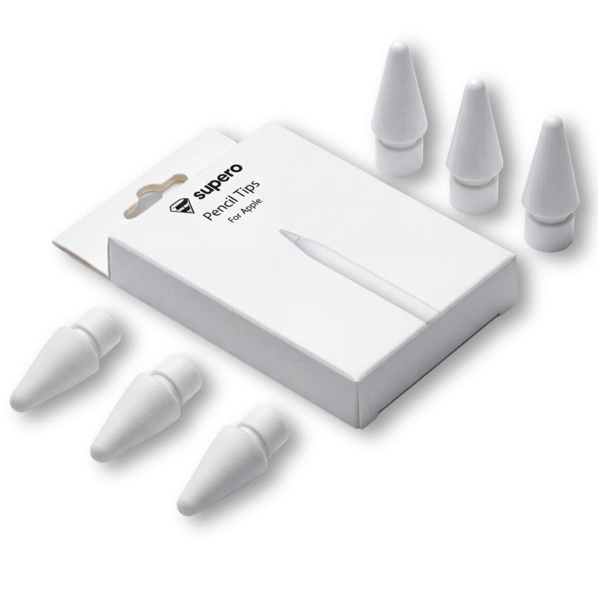 Na obrazie widoczne są białe końcówki do rysika oraz opakowanie z napisem \'supero Pencil Tips for Apple\'.