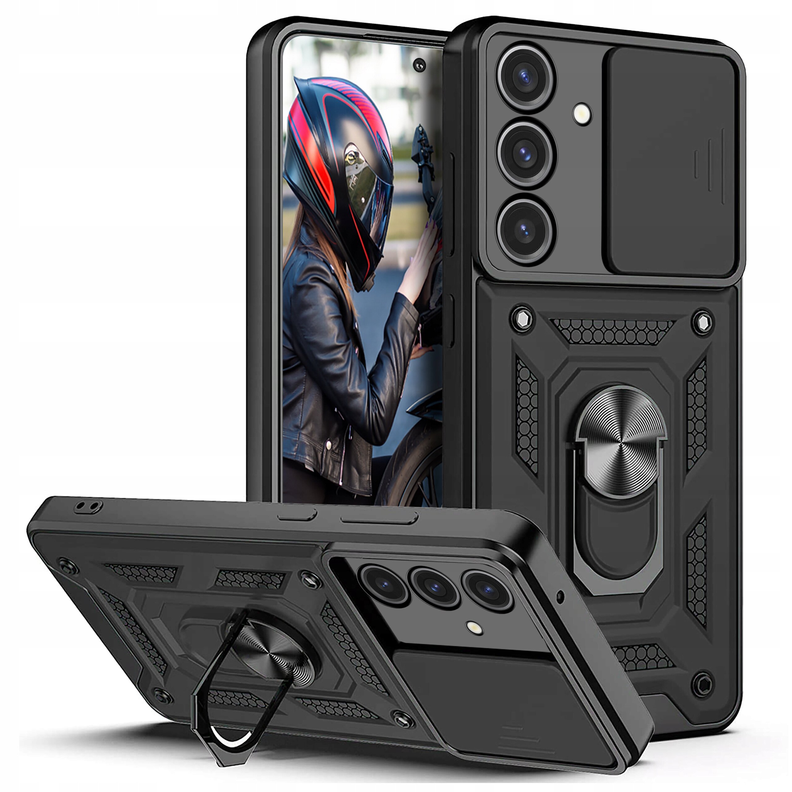 Obraz przedstawia pancerne etui na telefon z trzema widocznymi obiektywami aparatu i wzmocnioną konstrukcją. Etui posiada również pierścień do trzymania oraz przesuwane osłony na aparat.