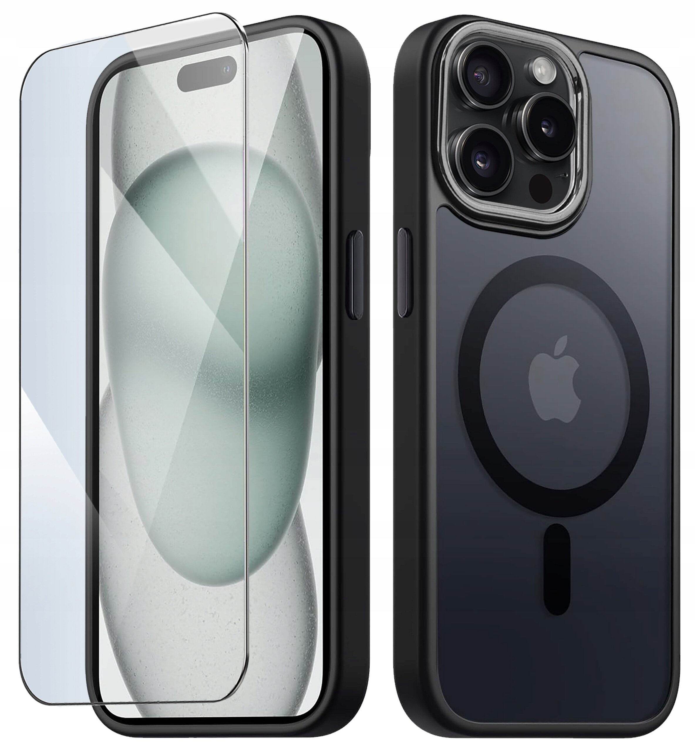 Obraz przedstawia matowe etui do iPhone 15 Pro z funkcją MagSafe oraz szkło ochronne na ekran. Na etui widoczne jest logo w kształcie jabłka.