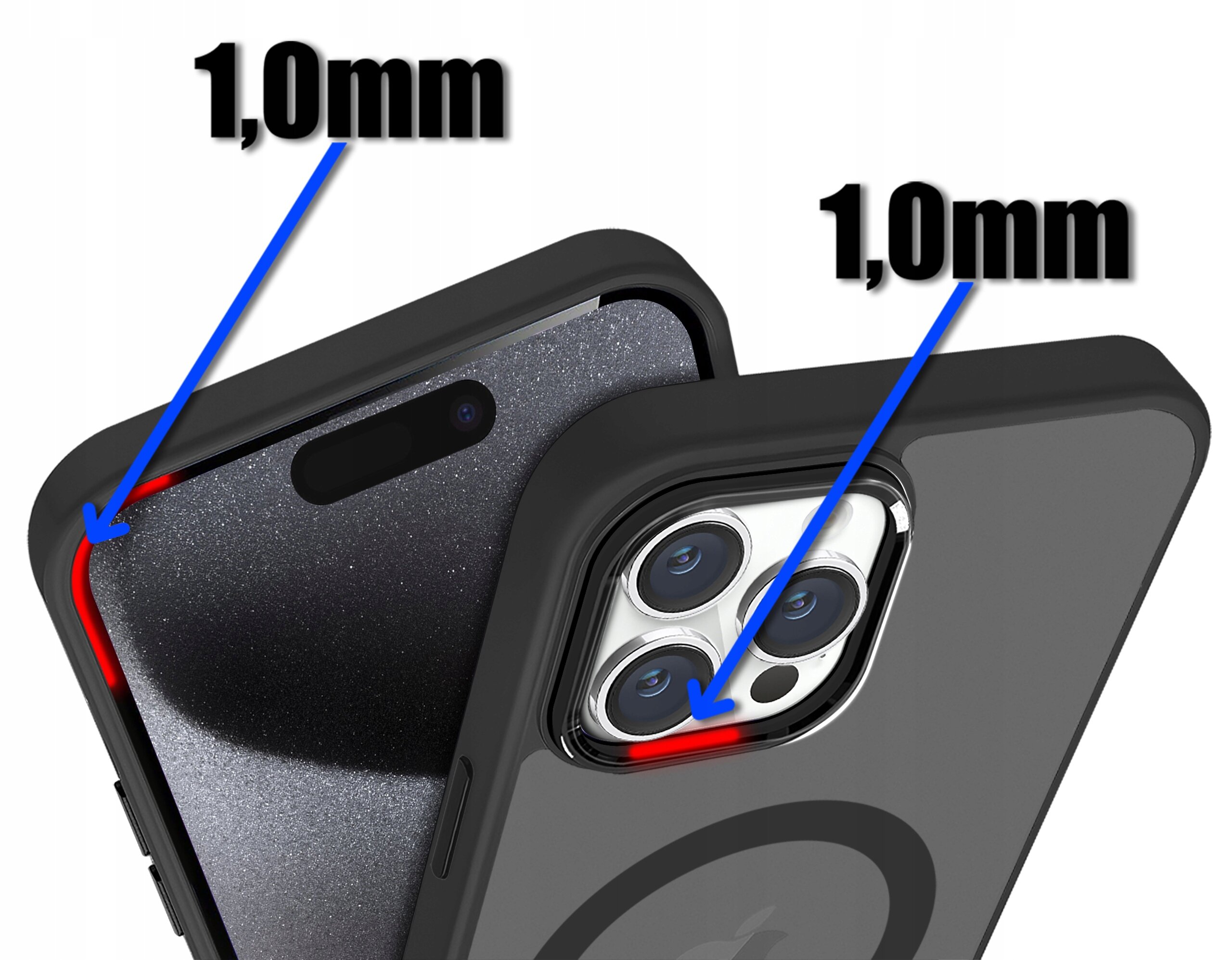 Obraz przedstawia dwa etui na telefon z widocznymi aparatami i oznaczeniem grubości 1,0 mm. Etui są matowe, z wycięciami na obiektywy i elementami w kolorze czerwonym oraz niebieskimi strzałkami wskazującymi na grubość.