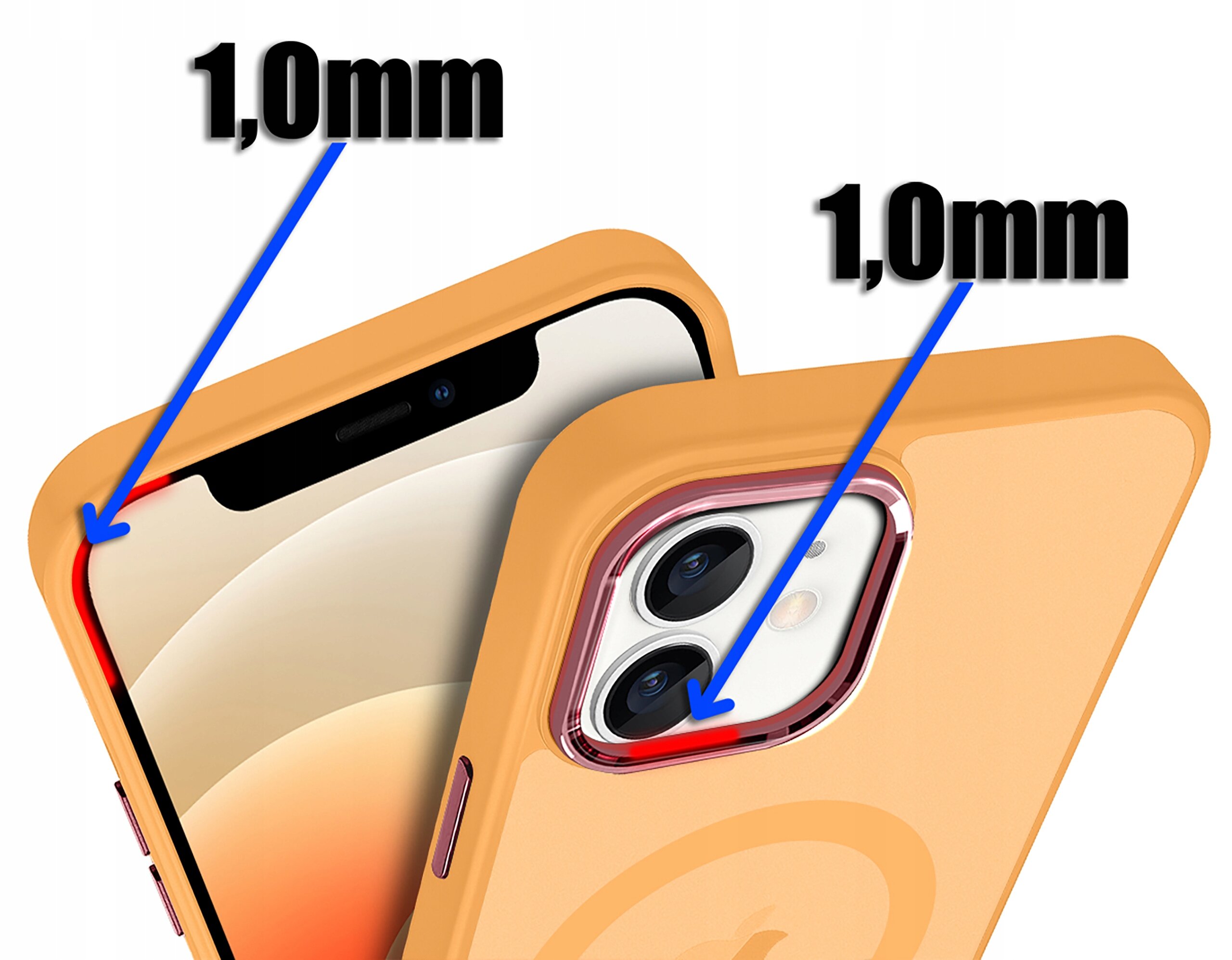 Obraz przedstawia pomarańczowe etui na telefon z widocznymi wycięciami na aparat i ekran, z zaznaczoną grubością 1,0 mm. Na etui znajduje się symbol okręgu, a strzałki wskazują na krawędzie wycięć.