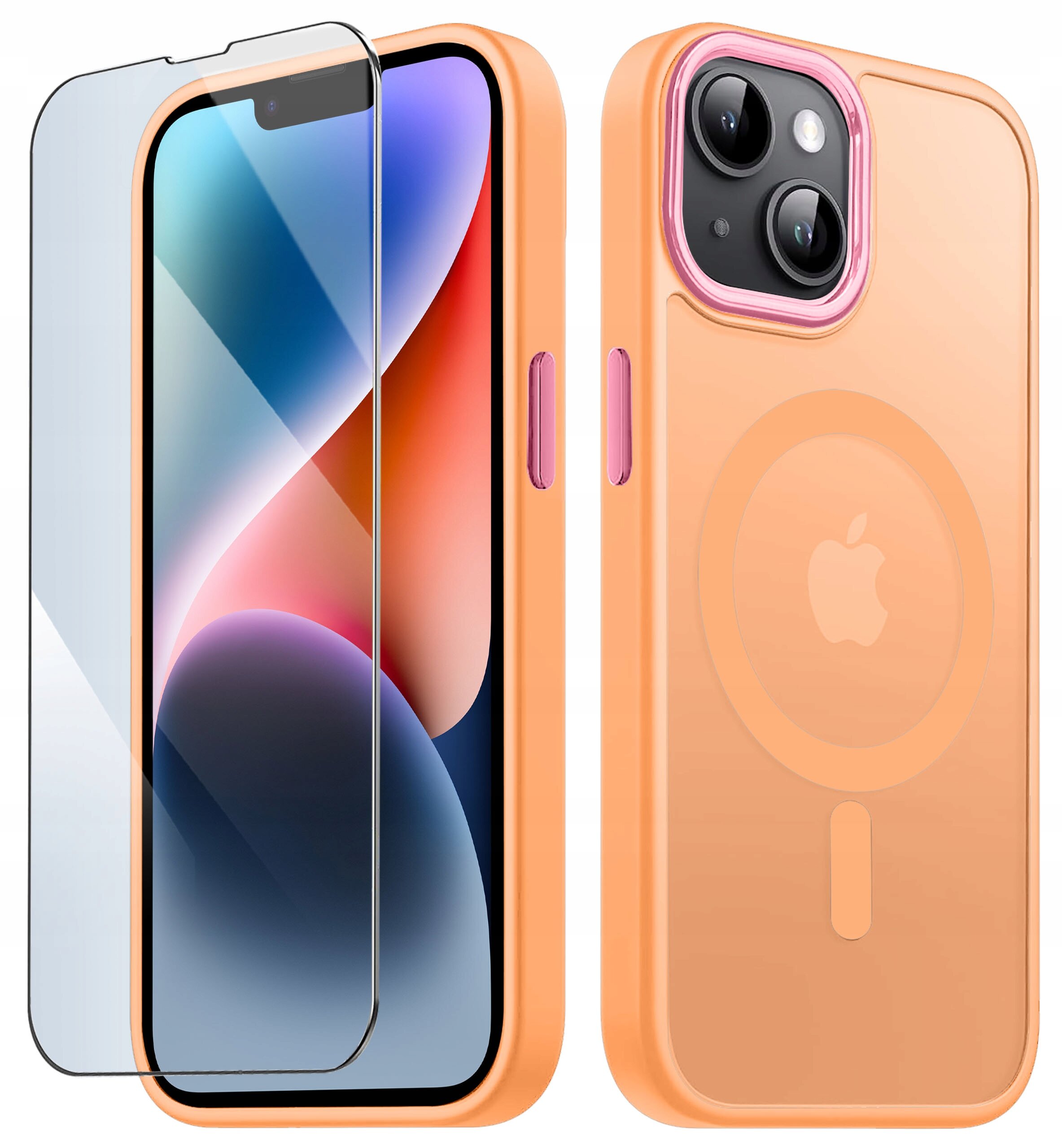 Obraz przedstawia pomarańczowe etui na telefon z widocznym logo Apple oraz przezroczystą osłoną na ekran. Etui jest kompatybilne z technologią MagSafe.