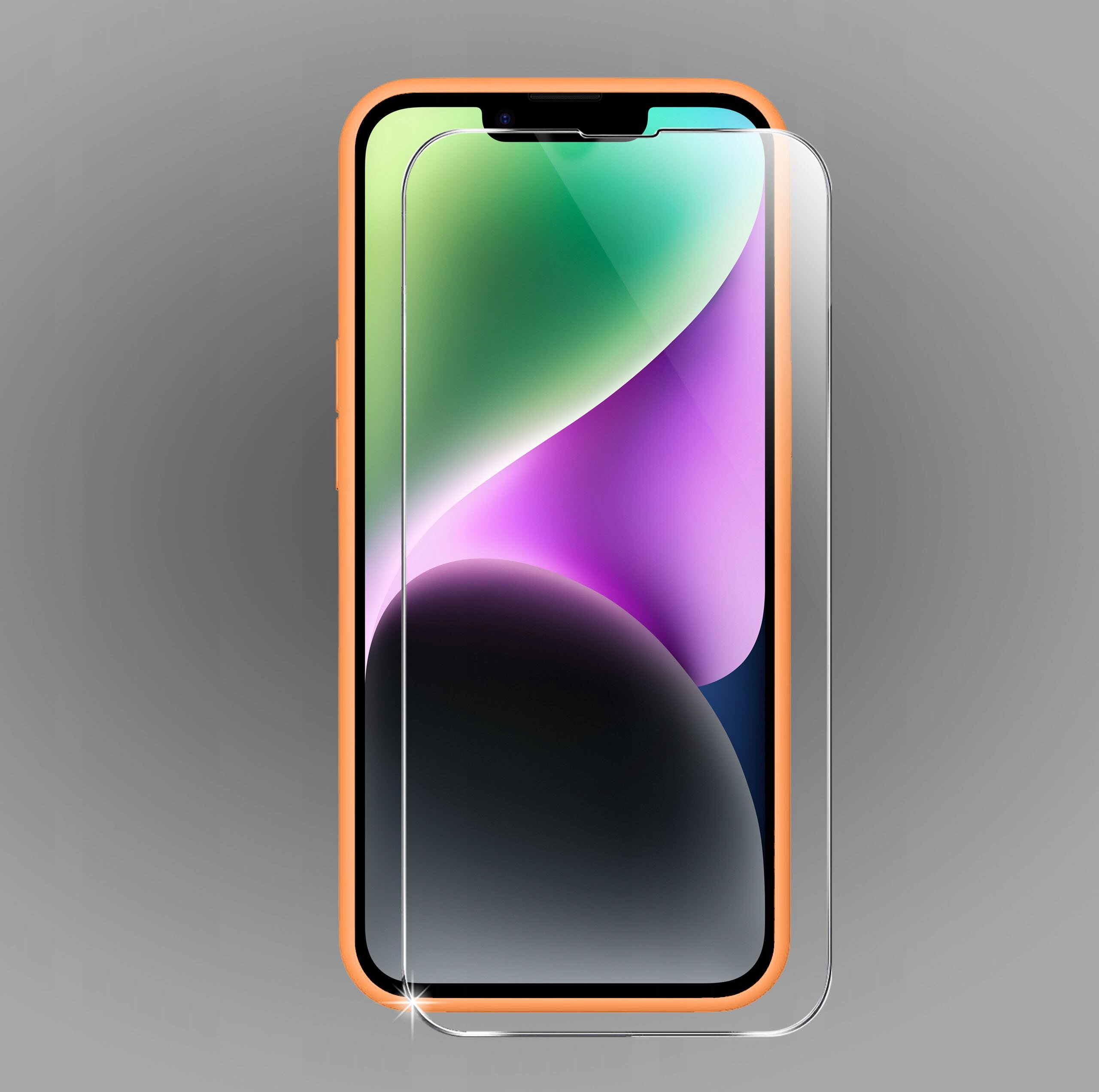 Obraz przedstawia telefon w pomarańczowym etui z nałożonym szkłem ochronnym na ekranie. Tło ekranu telefonu jest kolorowe, z gradientem zieleni, fioletu i czerni.