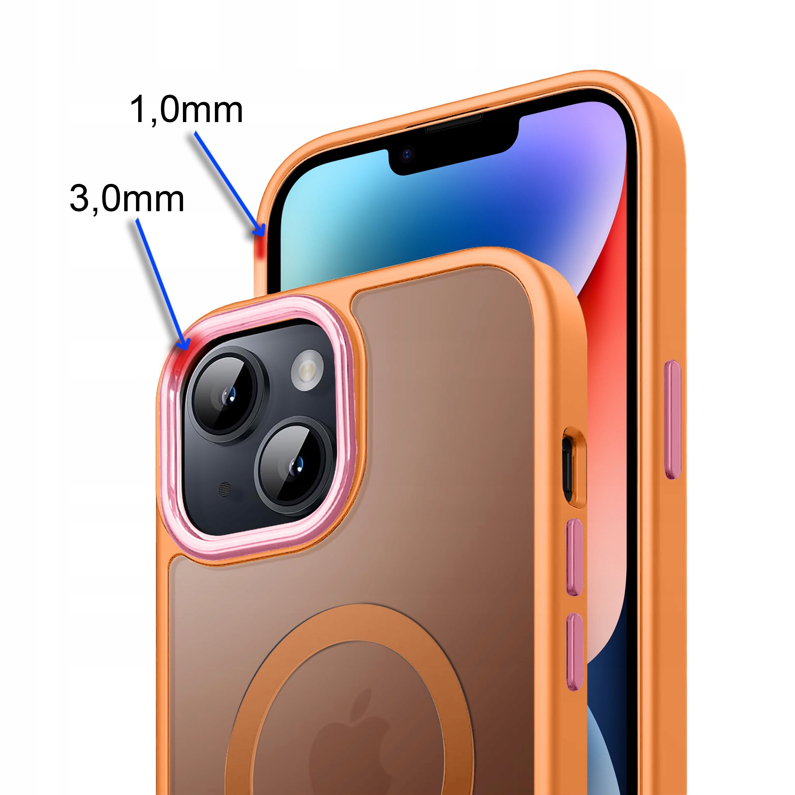 Obraz przedstawia pomarańczowe etui na telefon z widocznymi oznaczeniami grubości 1,0 mm i 3,0 mm przy aparacie. Na etui znajduje się okrągły wzór, a w tle widać ekran telefonu.