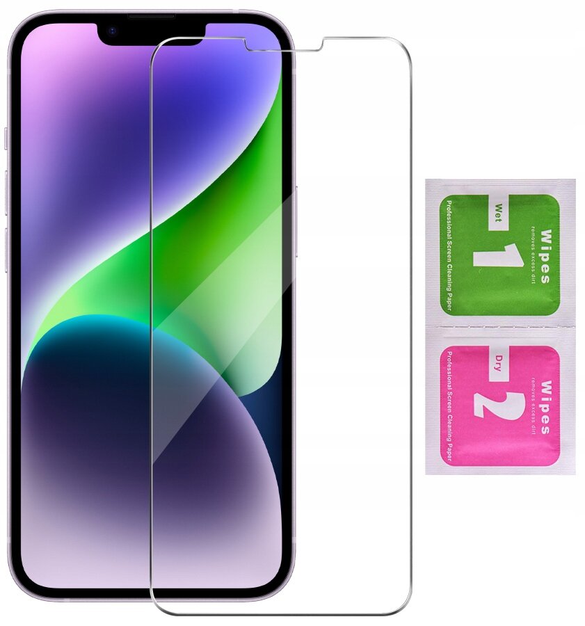 Na obrazie widoczny jest telefon z nałożonym szkłem ochronnym oraz dwa opakowania chusteczek do czyszczenia ekranu oznaczone jako \'1 Wet\' i \'2 Dry\'.