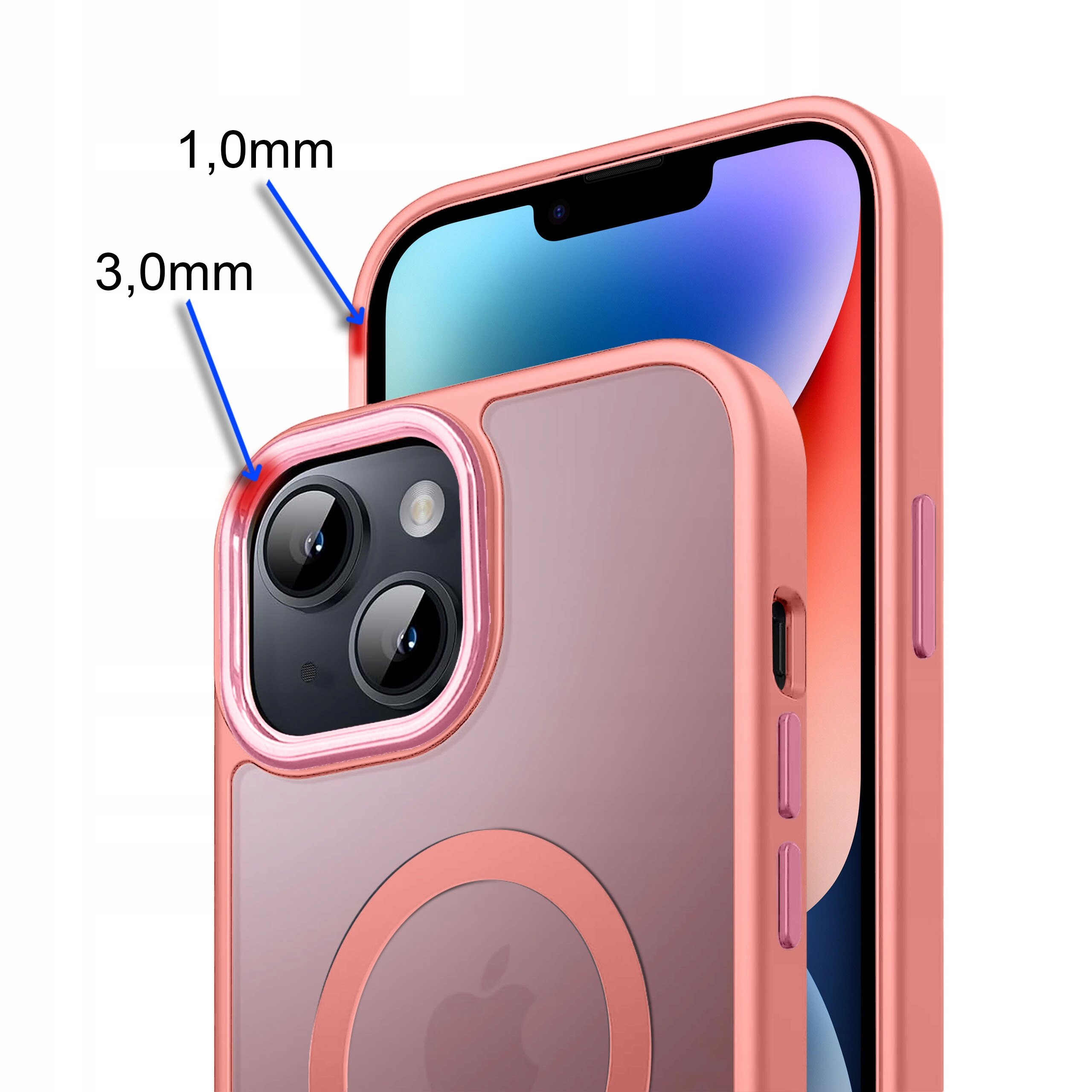 Obraz przedstawia różowe etui na telefon z widocznymi oznaczeniami grubości 1,0 mm i 3,0 mm przy aparacie. Etui posiada okrągły wzór sugerujący kompatybilność z MagSafe.