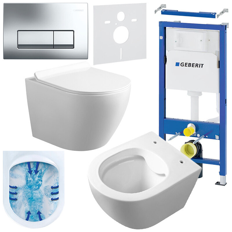 Zestaw podtynkowy HYDROSAN ZES-MIZU-8 składający się z miski WC, stelaża, przycisku spłukującego oraz elementów montażowych; widoczne logo \'GEBERIT\' na stelażu.