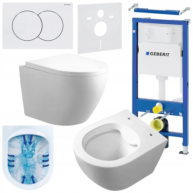Na obrazie znajduje się zestaw podtynkowy do WC, w skład którego wchodzą: biały ceramiczny sedes, niebieska rama montażowa z logo \'GEBERIT\', przycisk spłukujący z dwoma okręgami oraz elementy montażowe. Widoczny jest również schemat działania spłukiwania wody wewnątrz muszli.