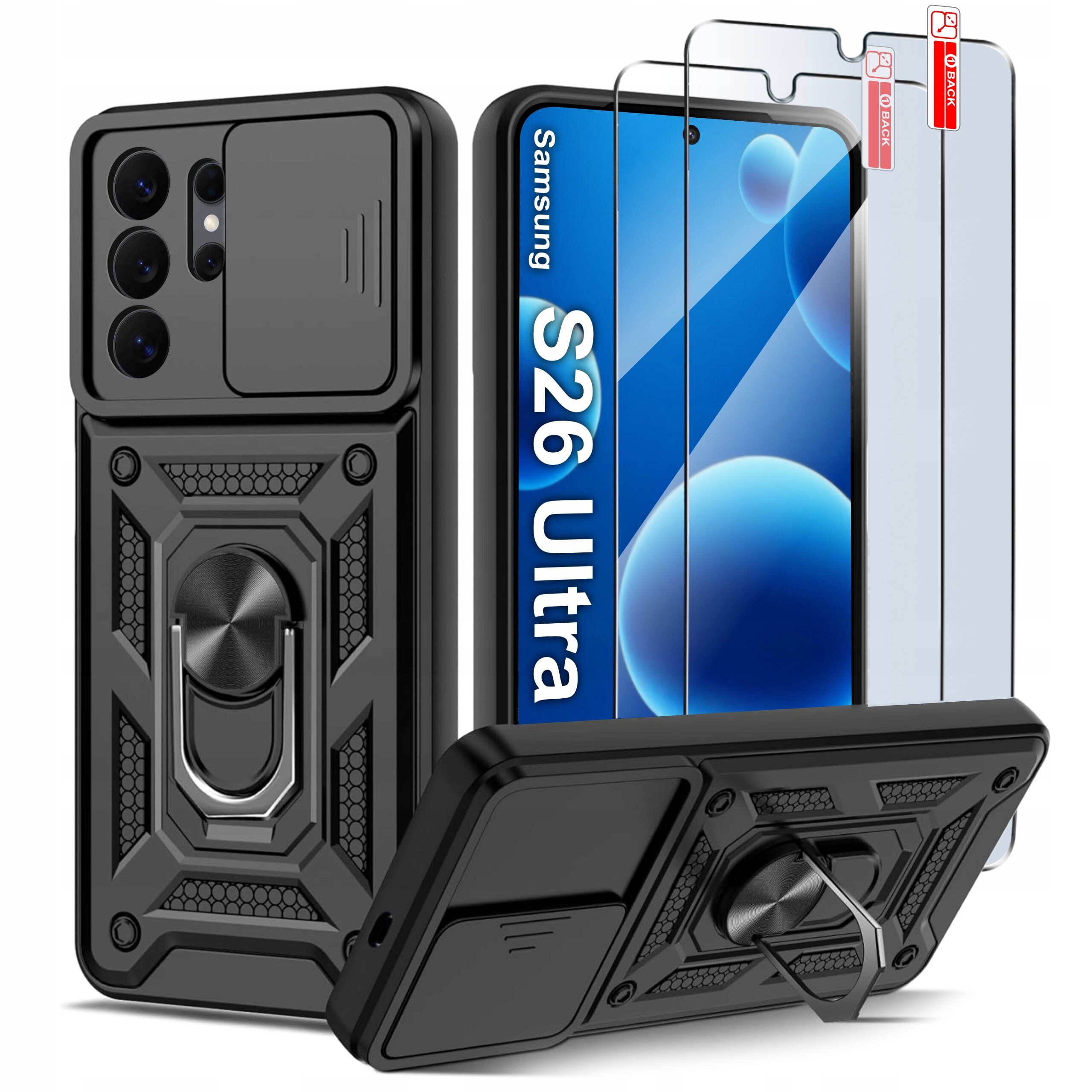 Obraz przedstawia czarne, pancerne etui z wzmocnieniami i uchwytem, przeznaczone do telefonu Samsung S26 Ultra. Obok etui znajdują się dwa szkła ochronne na ekran, a na ekranie telefonu widoczny jest napis \'Samsung S26 Ultra\'.