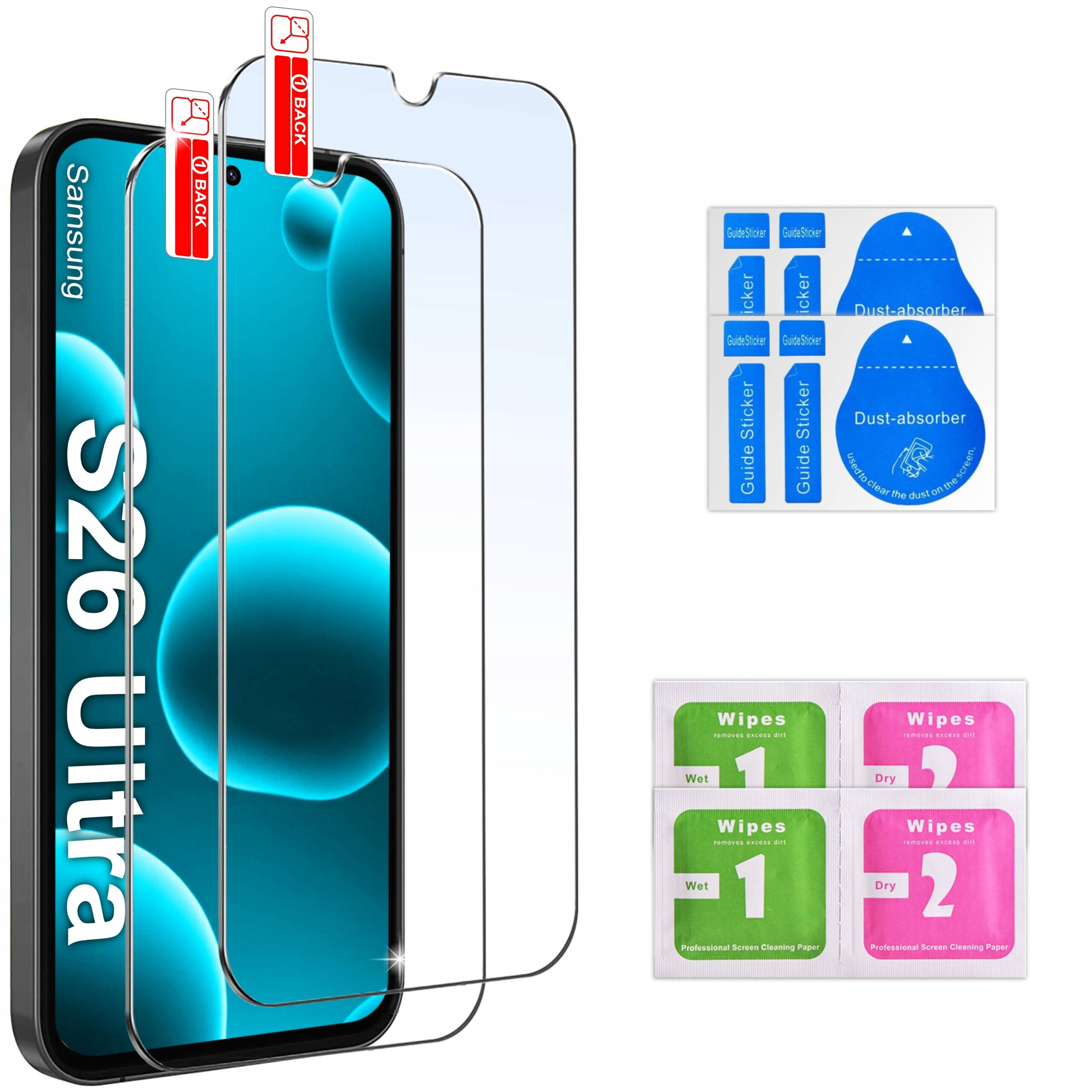 Na obrazie widoczny jest telefon Samsung S26 Ultra z nałożonym szkłem ochronnym oraz dodatkowe akcesoria: naklejki \'Guide Sticker\', \'Dust-absorber\' i zestaw chusteczek \'Wipes\' do czyszczenia ekranu. Szkło ochronne ma oznaczenia \'BACK\'.