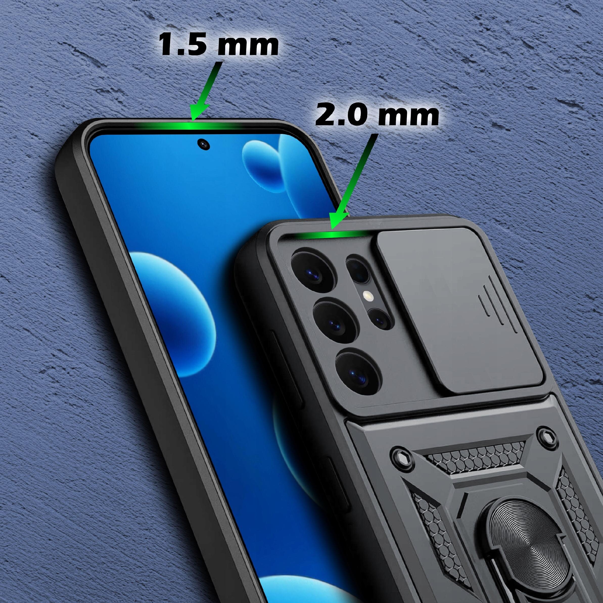 Obraz przedstawia czarne etui pancerne na telefon z widocznymi oznaczeniami grubości 1.5 mm i 2.0 mm. Etui posiada wzmocnioną konstrukcję oraz miejsce na aparat z kilkoma obiektywami.