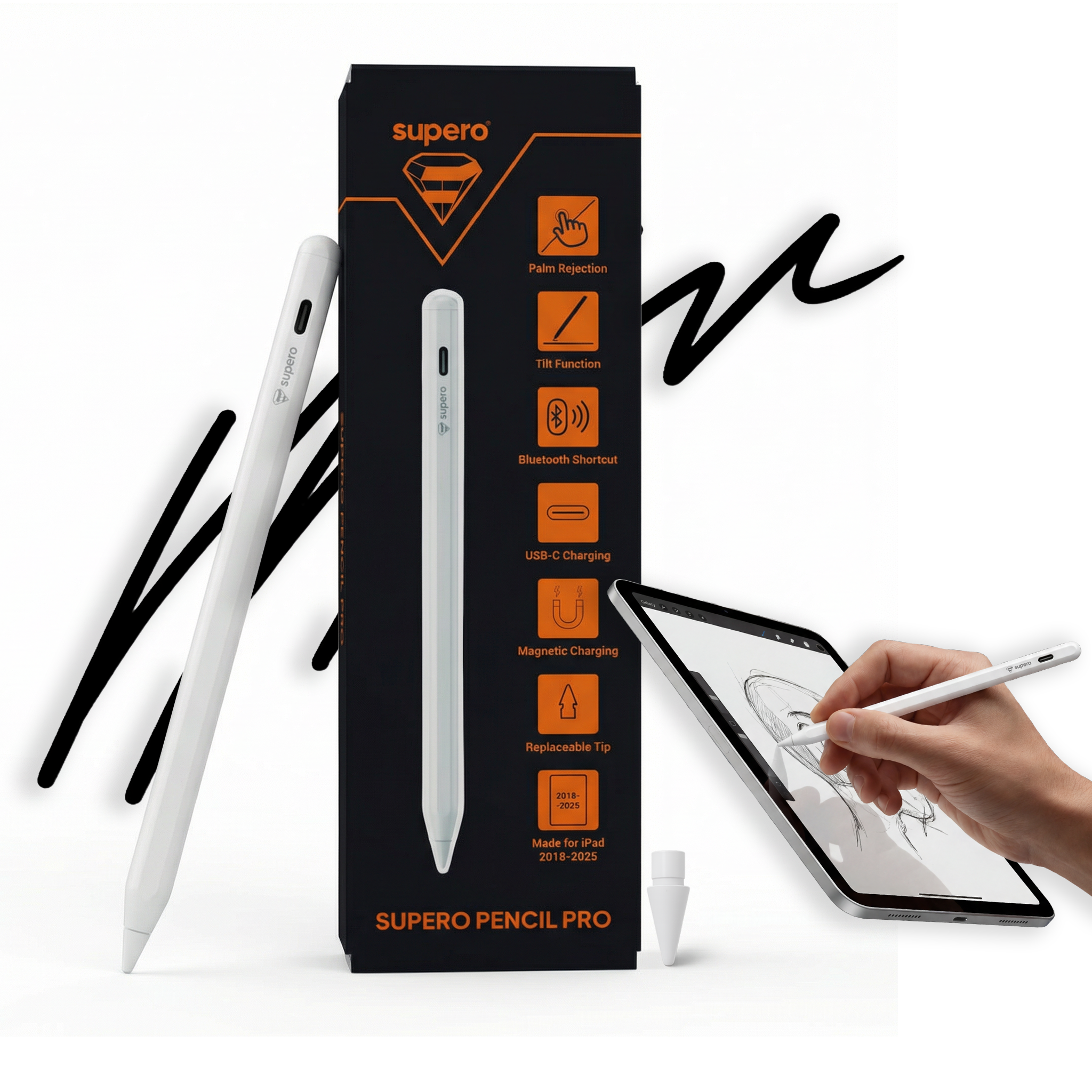 Na obrazie widoczny jest biały rysik oraz jego opakowanie z napisem \'supero\' i funkcjami: Palm Rejection, Tilt Function, Bluetooth Shortcut, USB-C Charging, Magnetic Charging, Replaceable Tip. Obok znajduje się ręka trzymająca rysik, rysująca na tablecie.