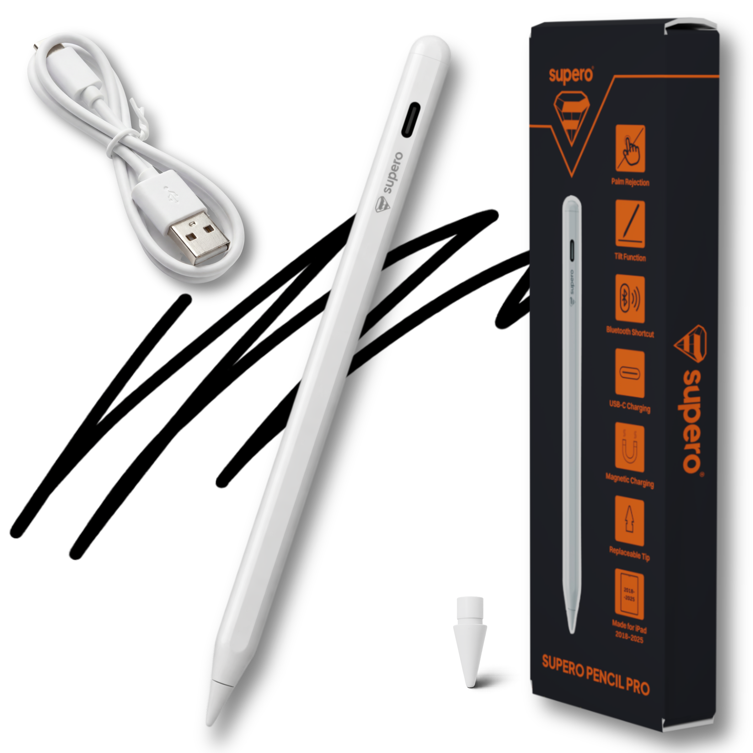 Na obrazie znajduje się biały rysik z logo \'supero\', kabel USB-C oraz pudełko z napisem \'SUPERO PENCIL PRO\'. Pudełko zawiera ikony funkcji takich jak Palm Rejection, Tilt Function, Bluetooth Shortcut, USB-C Charging, Magnetic Charging i Replaceable Tip.