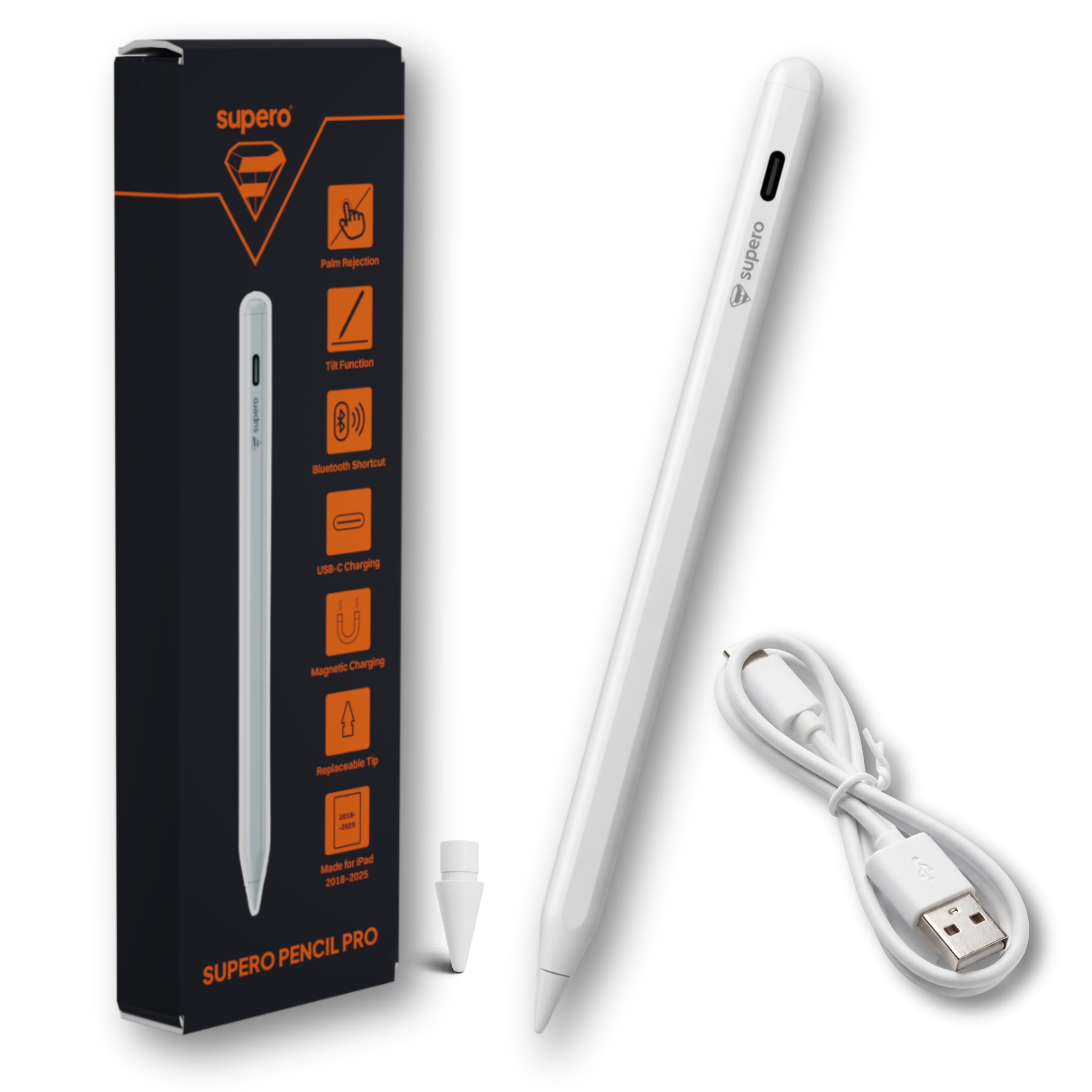 Na obrazie znajduje się biały rysik z logo \'supero\', kabel USB-C oraz czarna pudełko z pomarańczowymi ikonami i napisami, w tym \'SUPER PENCIL PRO\'.