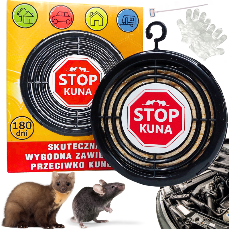 Na obrazie widoczny jest produkt \'STOP KUNA\' w formie okrągłego odstraszacza z napisem na czerwonym tle. W tle znajduje się opakowanie z ikonami domu, samochodu i przyczepy oraz tekstem \'180 dni Skuteczna Wygodna Zawieszka Przeciwko Kunom\'.