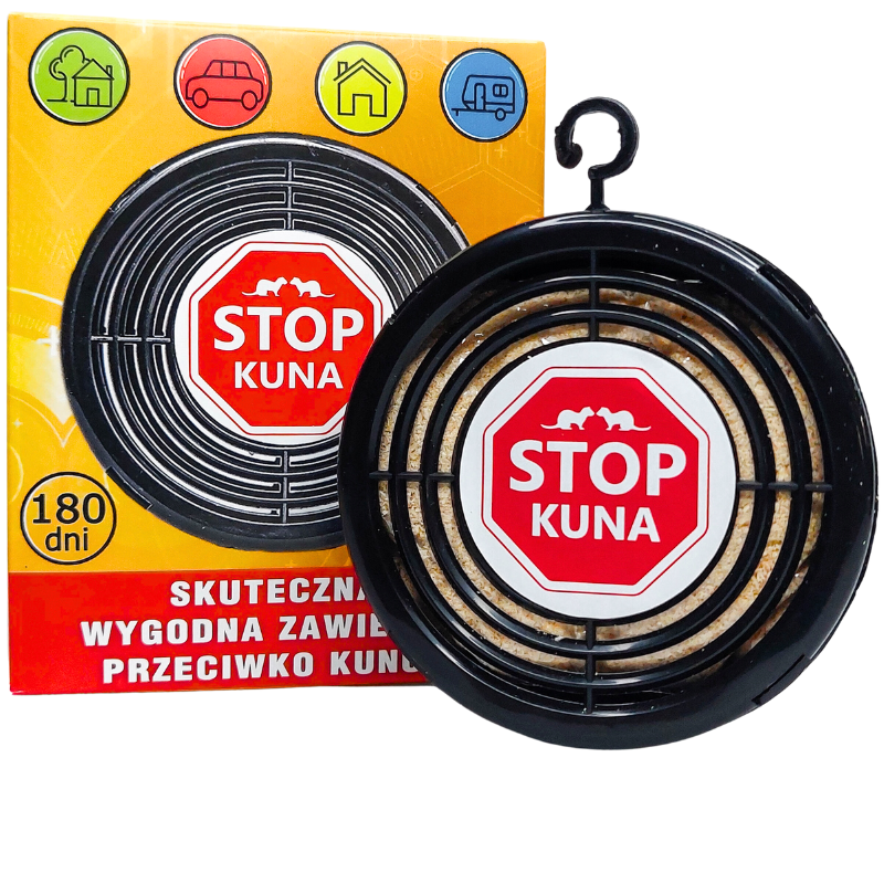 Na obrazie widoczny jest produkt \'STOP KUNA\' w formie okrągłej zawieszki z czerwonym znakiem stop i napisem \'STOP KUNA\'. Opakowanie zawiera informacje: \'180 dni\', \'SKUTECZNA WYGODNA ZAWIESZKA PRZECIWKO KUNOM\'.