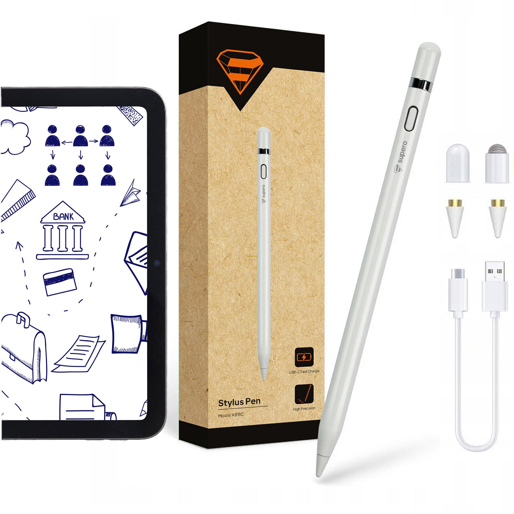 Na zdjęciu widoczny jest biały rysik do urządzeń mobilnych, opakowanie z logo oraz akcesoria takie jak końcówki i kabel USB. Na opakowaniu znajduje się napis \'Stylus Pen Model: KB10C\' oraz ikony \'USB-C Fast Charge\' i \'High Precision\'.