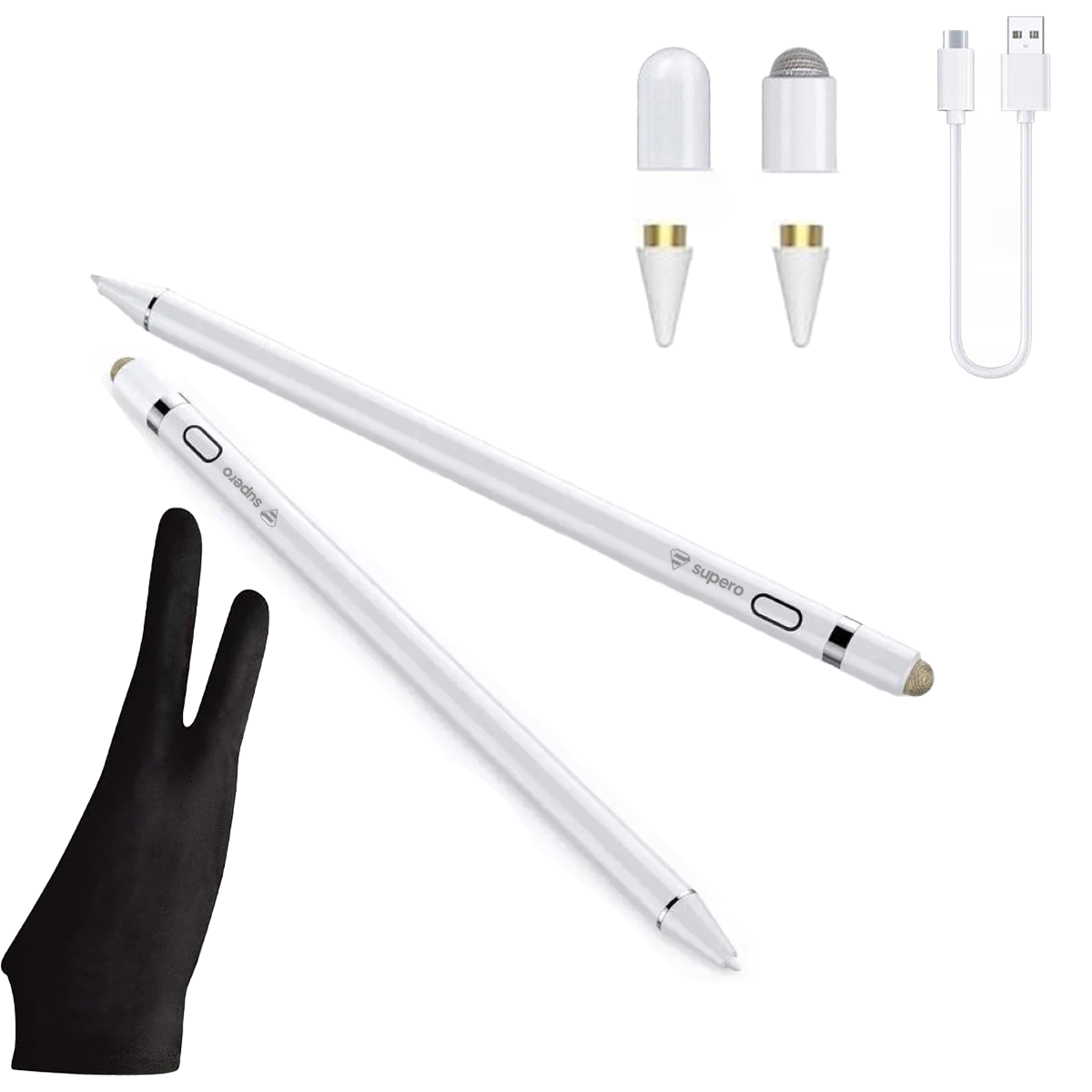 Na obrazie widoczne są dwa białe rysiki z napisem \'supero\', czarna rękawiczka, dwie wymienne końcówki, nasadka oraz kabel USB. Rysiki mają metaliczne końcówki i przyciski na obudowie.