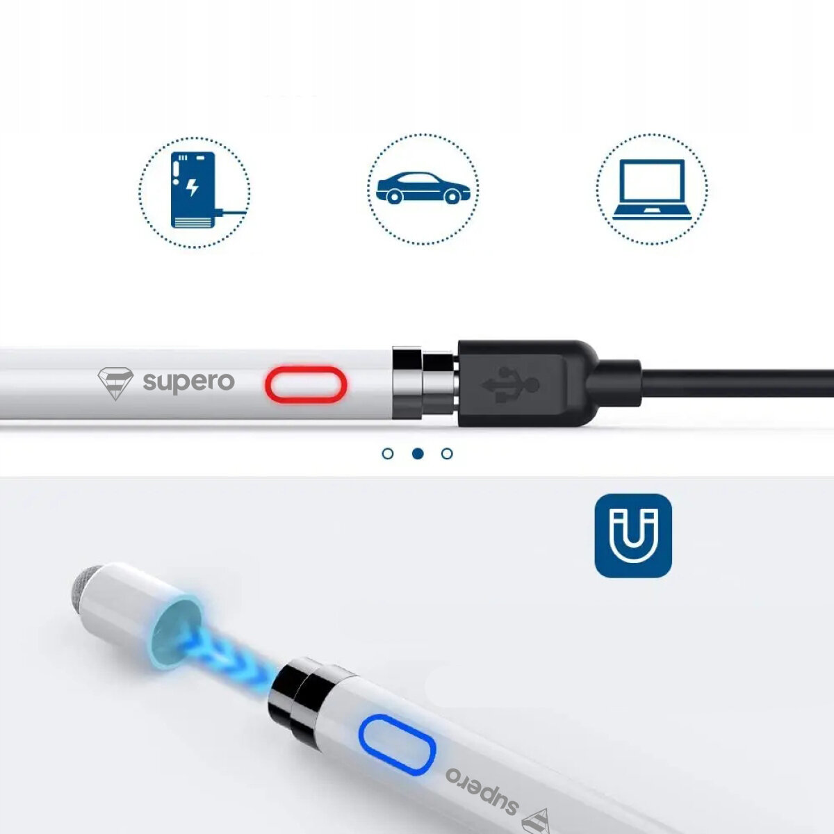Obraz przedstawia biały rysik z napisem \'supero\' i kolorowymi przyciskami, podłączony do kabla USB. W tle widoczne są ikony symbolizujące ładowanie, samochód i laptopa oraz symbol magnetyczny \'U\'.