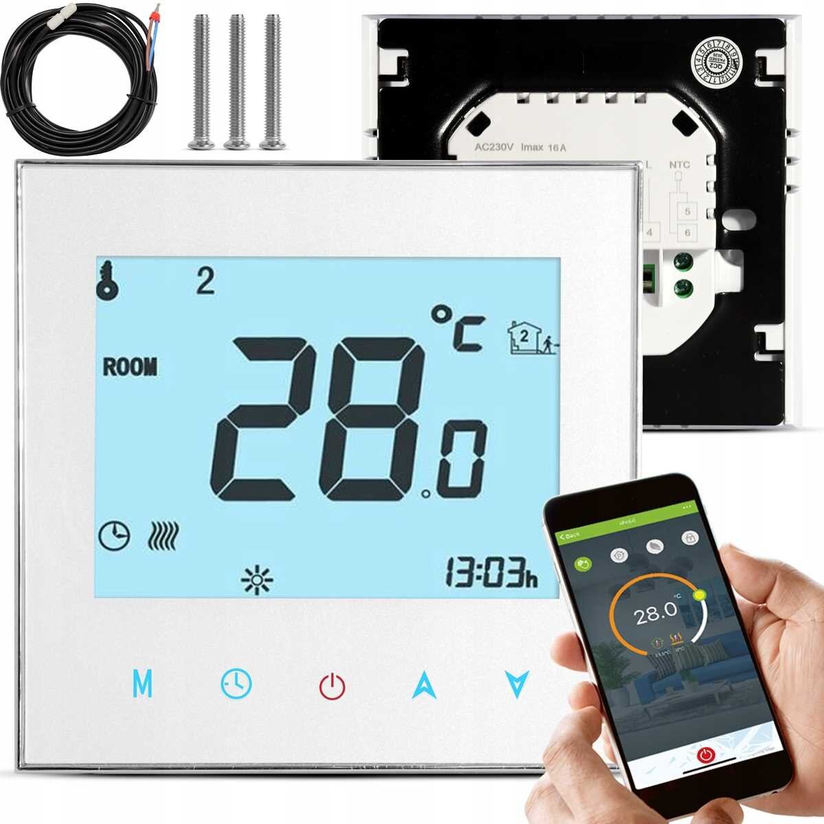 Na zdjęciu znajduje się termostat z wyświetlaczem pokazującym temperaturę 28°C oraz ikonami funkcji, a także smartfon z aplikacją do sterowania termostatem. W tle widoczne są elementy montażowe i tylna część urządzenia z oznaczeniem AC230V Imax 16A.